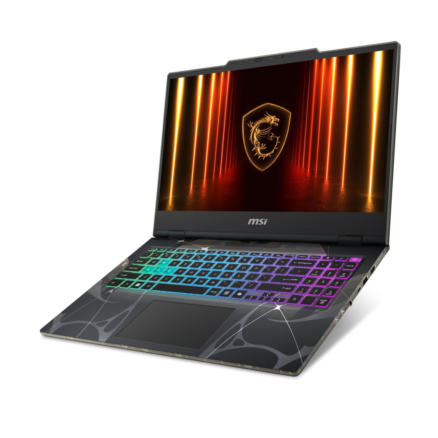 Un laptop da gaming MSI con tastiera retroilluminata e logo drago sullo schermo.