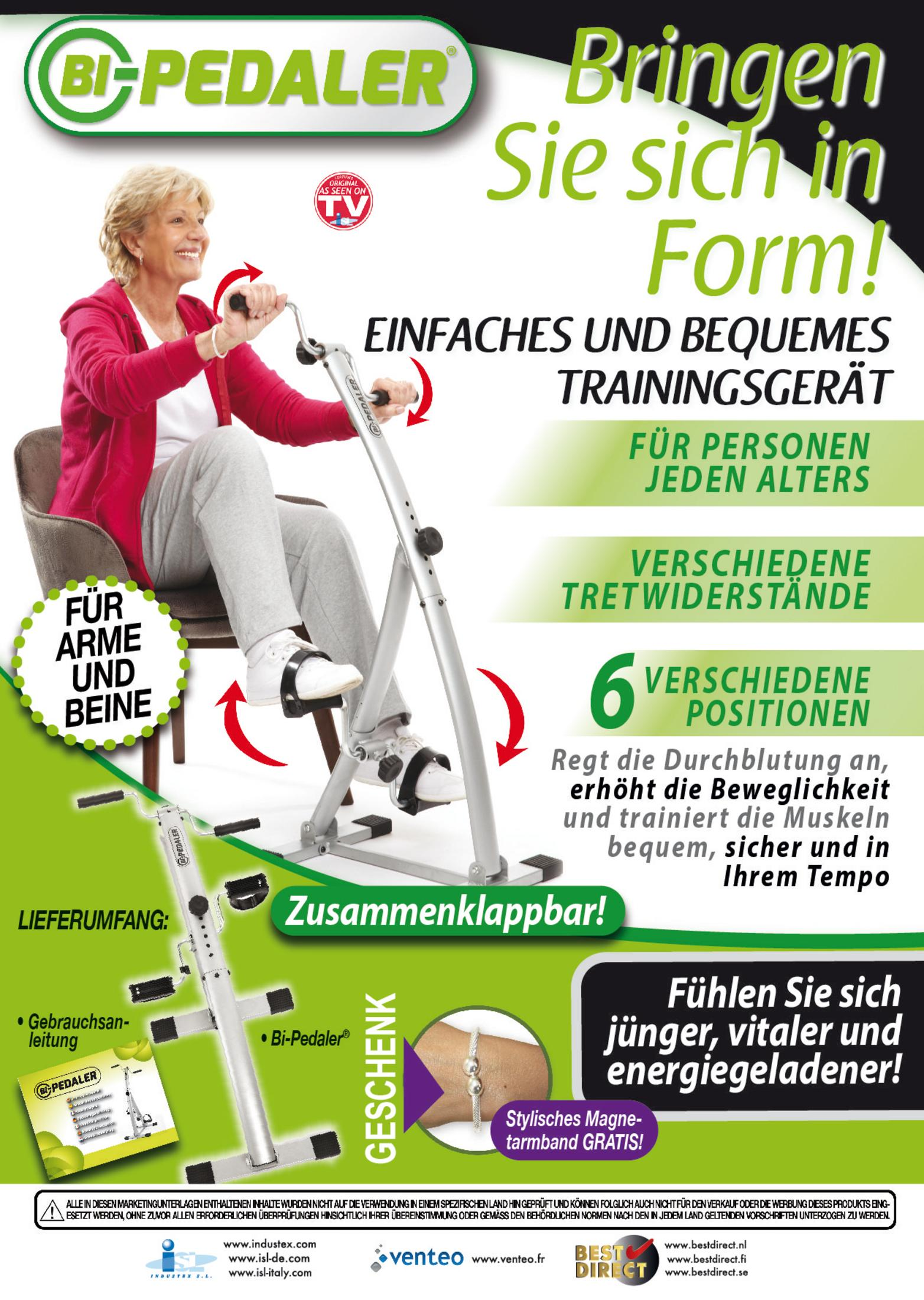 Eine Frau trainiert auf einem Bi-Pedaler Heimtrainer mit faltbarem Design.