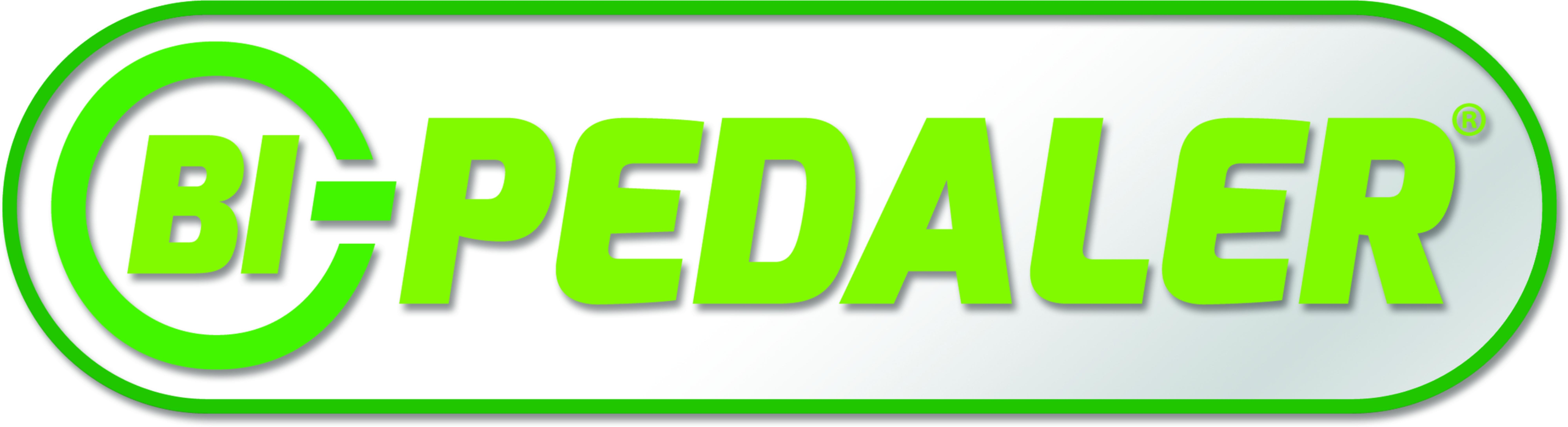 Logo mit grünem Text 'BI-PEDALER' auf grauem Hintergrund.