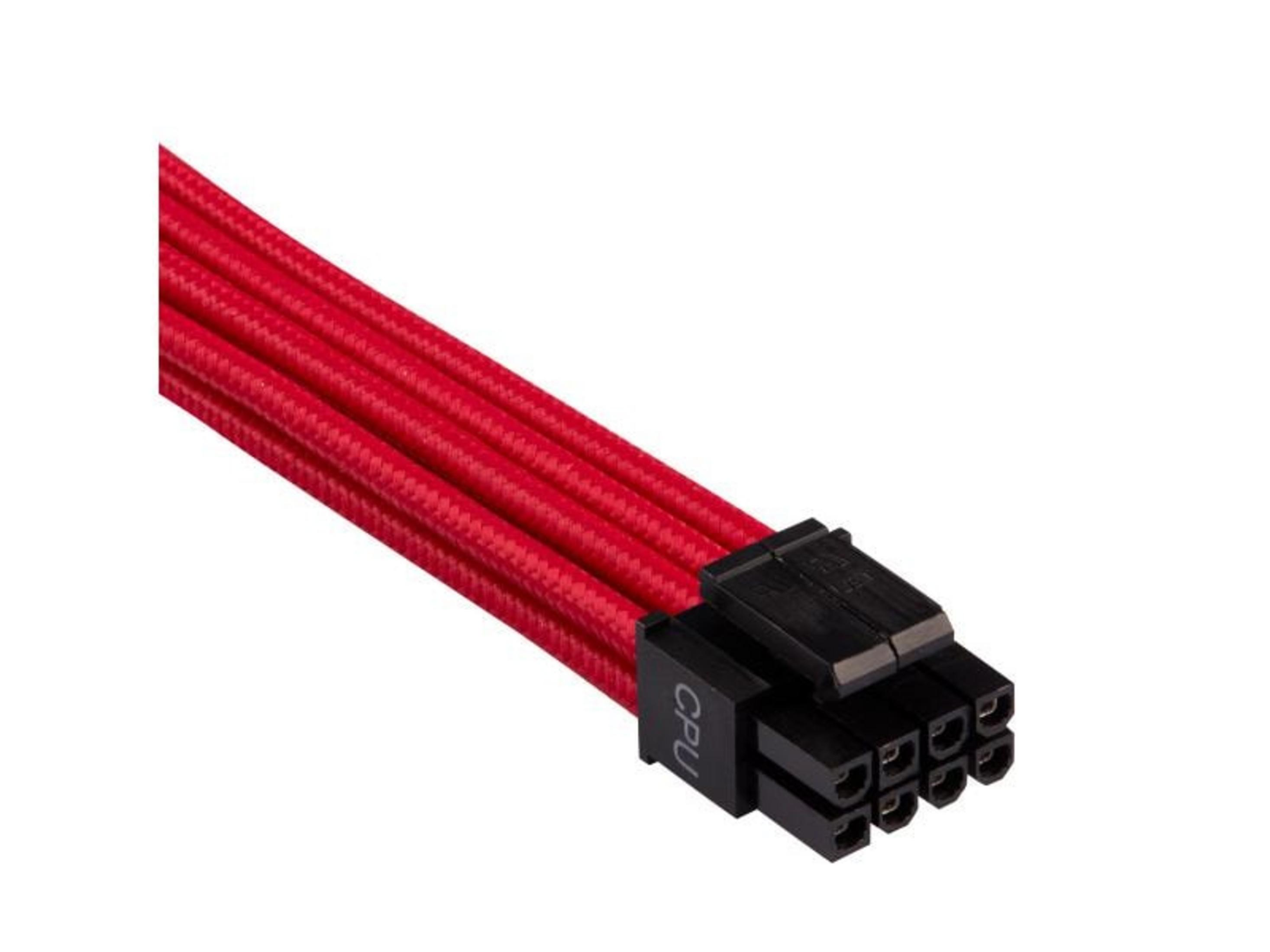 Un cavo di alimentazione CPU rosso con connettori neri.