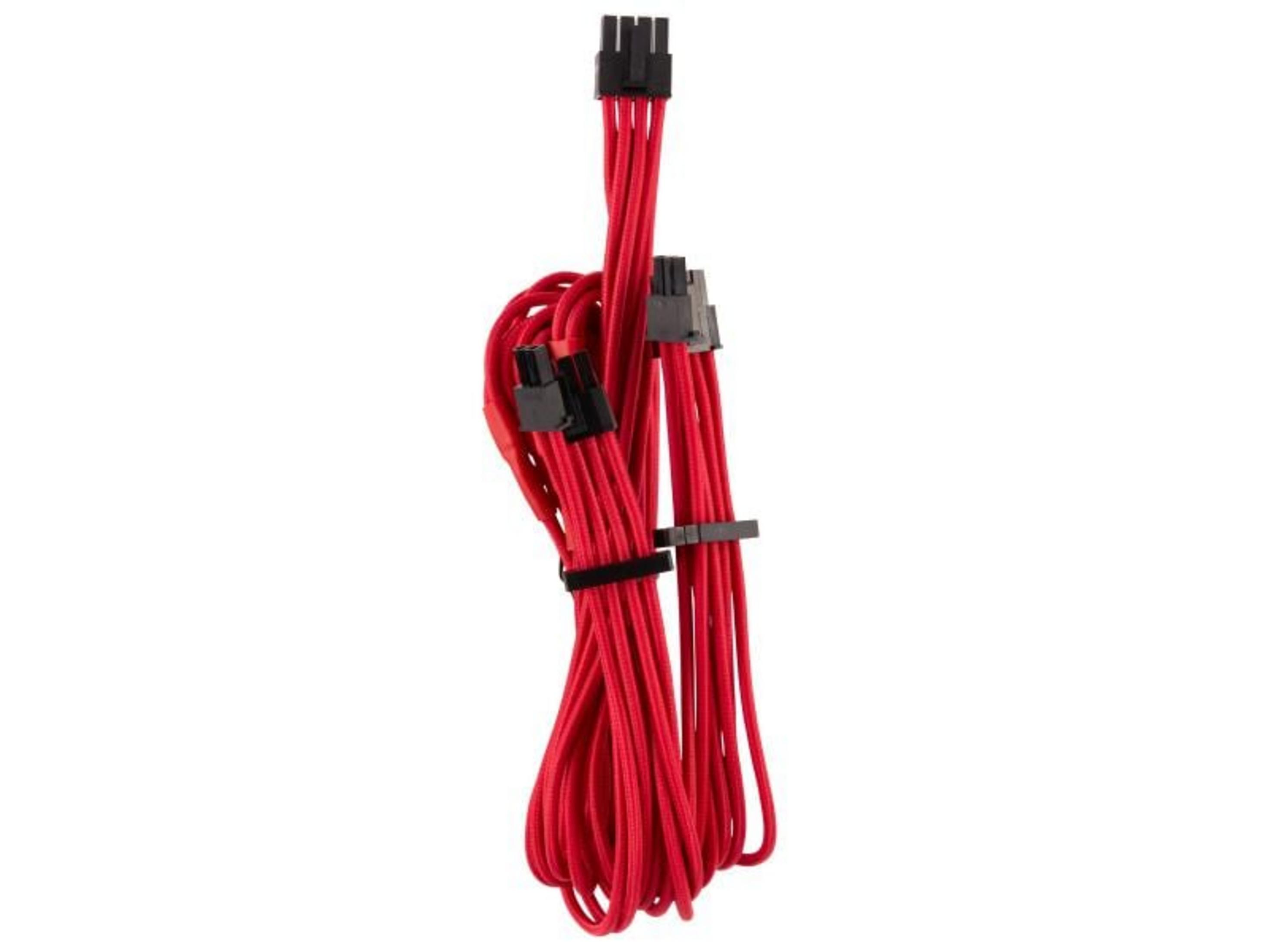 Cavo rosso con connettori neri, arrotolato su sfondo bianco.