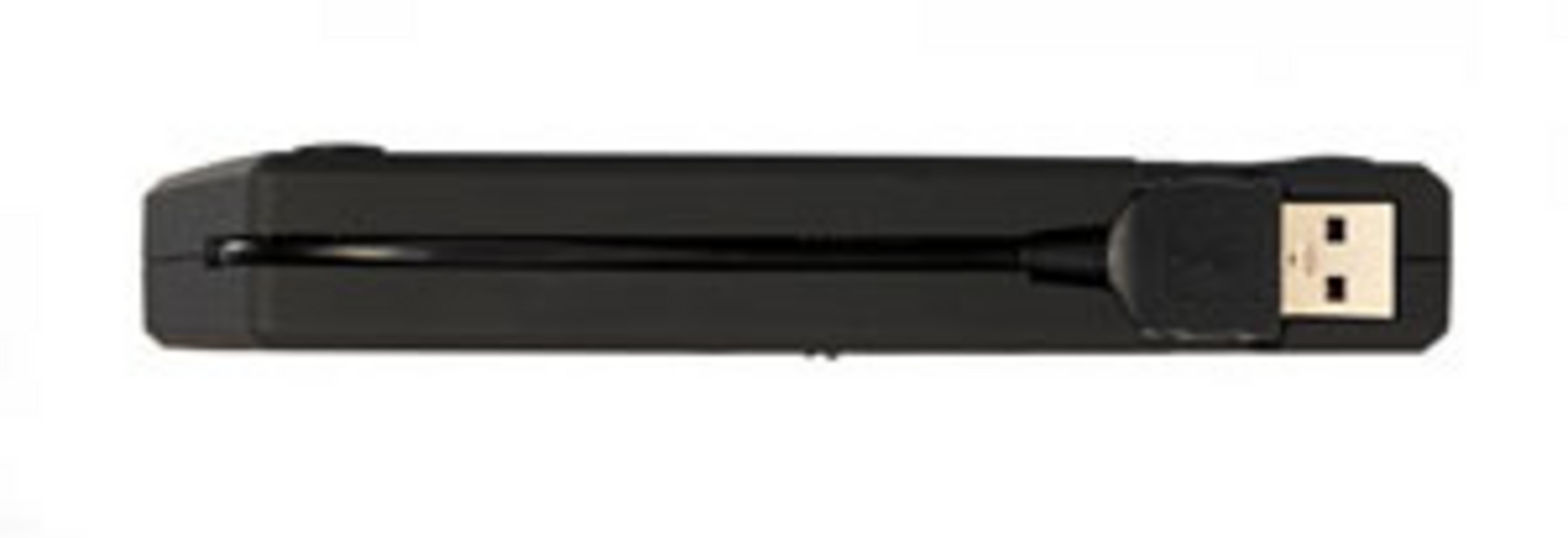 Dispositivo USB nero con cavo e connettore su sfondo bianco.