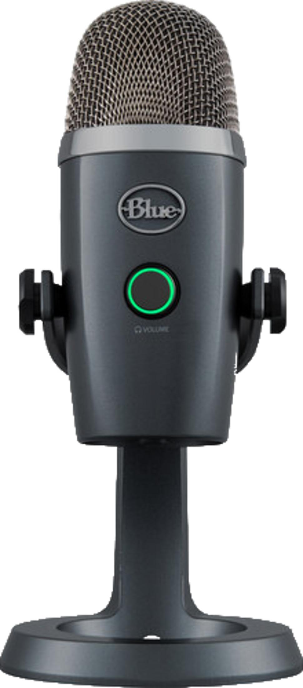 Ein graues Blue Yeti Mikrofon mit einem silbernen Gitter und einem grünen Lichtring.