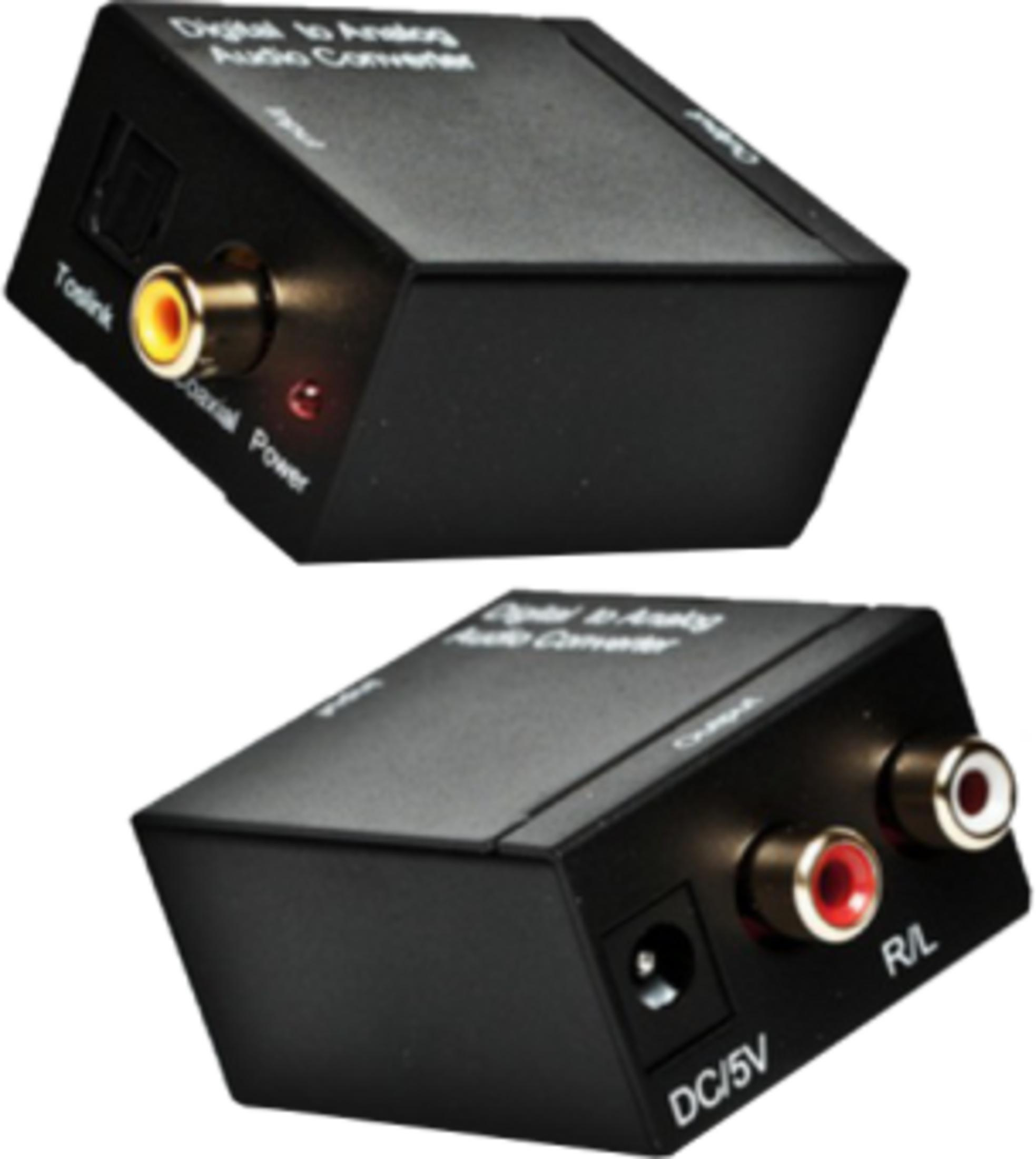Schwarzer Digital-Analog-Audio-Konverter mit Toslink, Koaxial, DC/5V Eingang und Cinch-Ausgang.