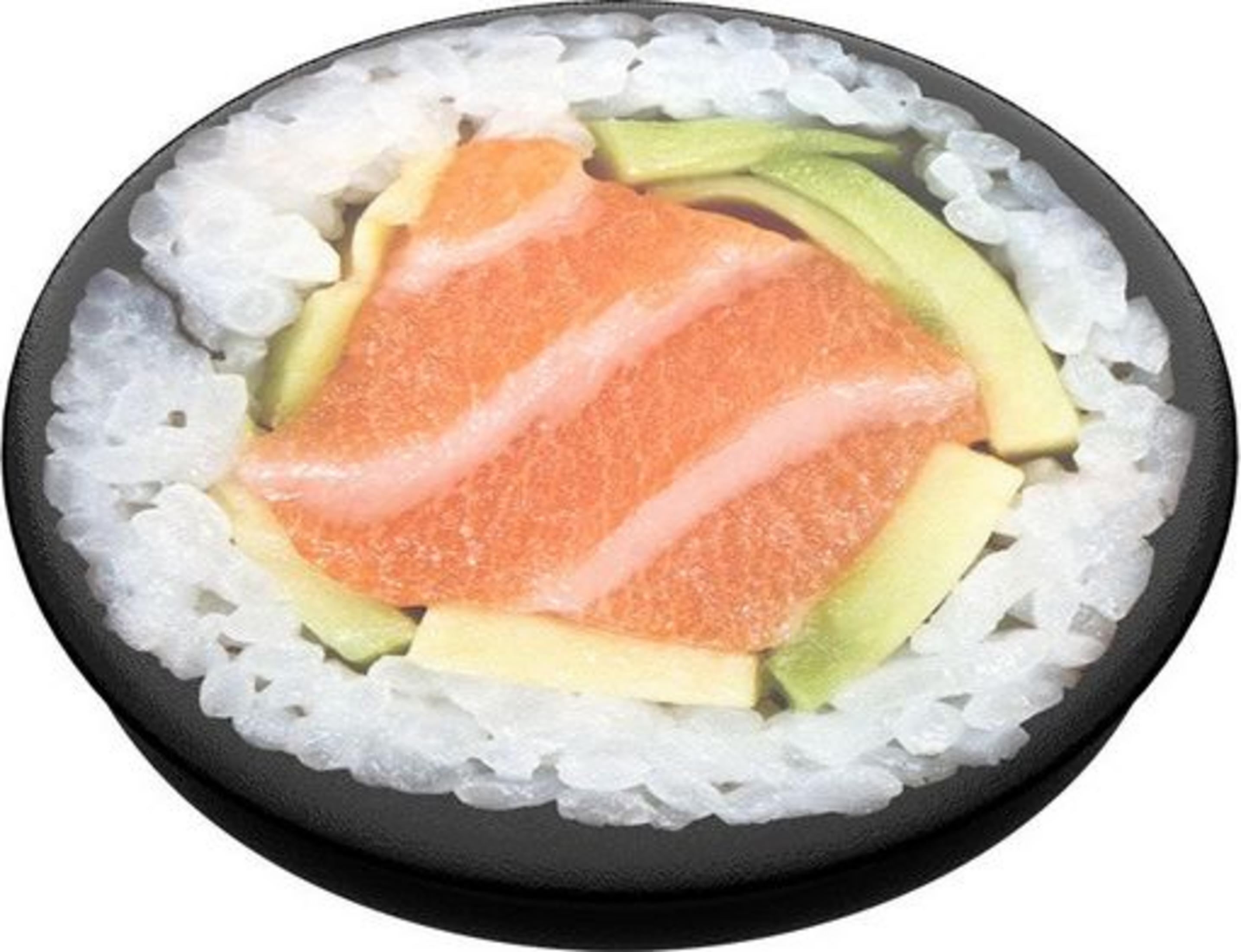 Rollo de sushi con salmón, aguacate y arroz en plato negro.