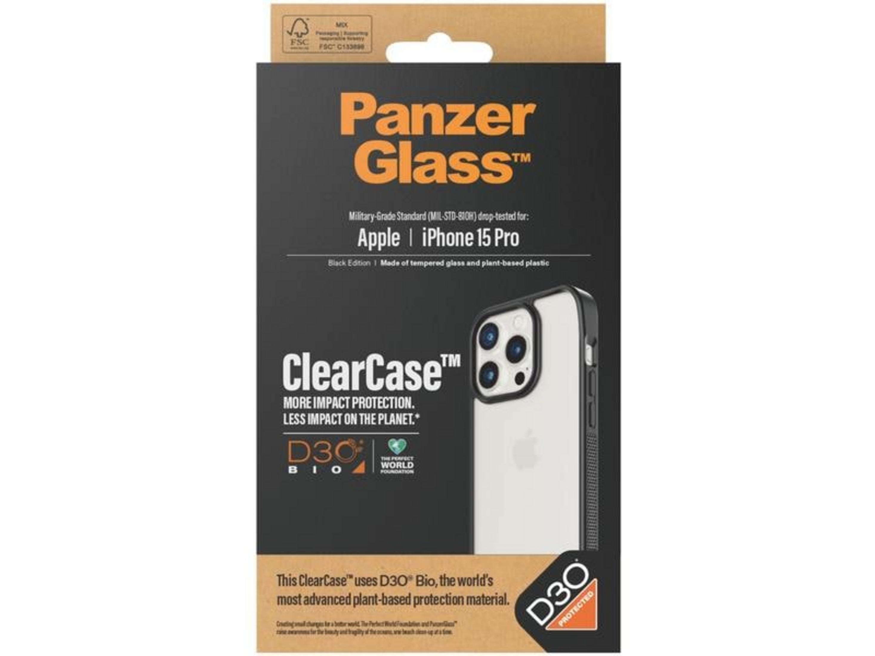 Panzer Glass Hülle für iPhone 15 Pro, schwarz, mit D3O Bio Technologie.