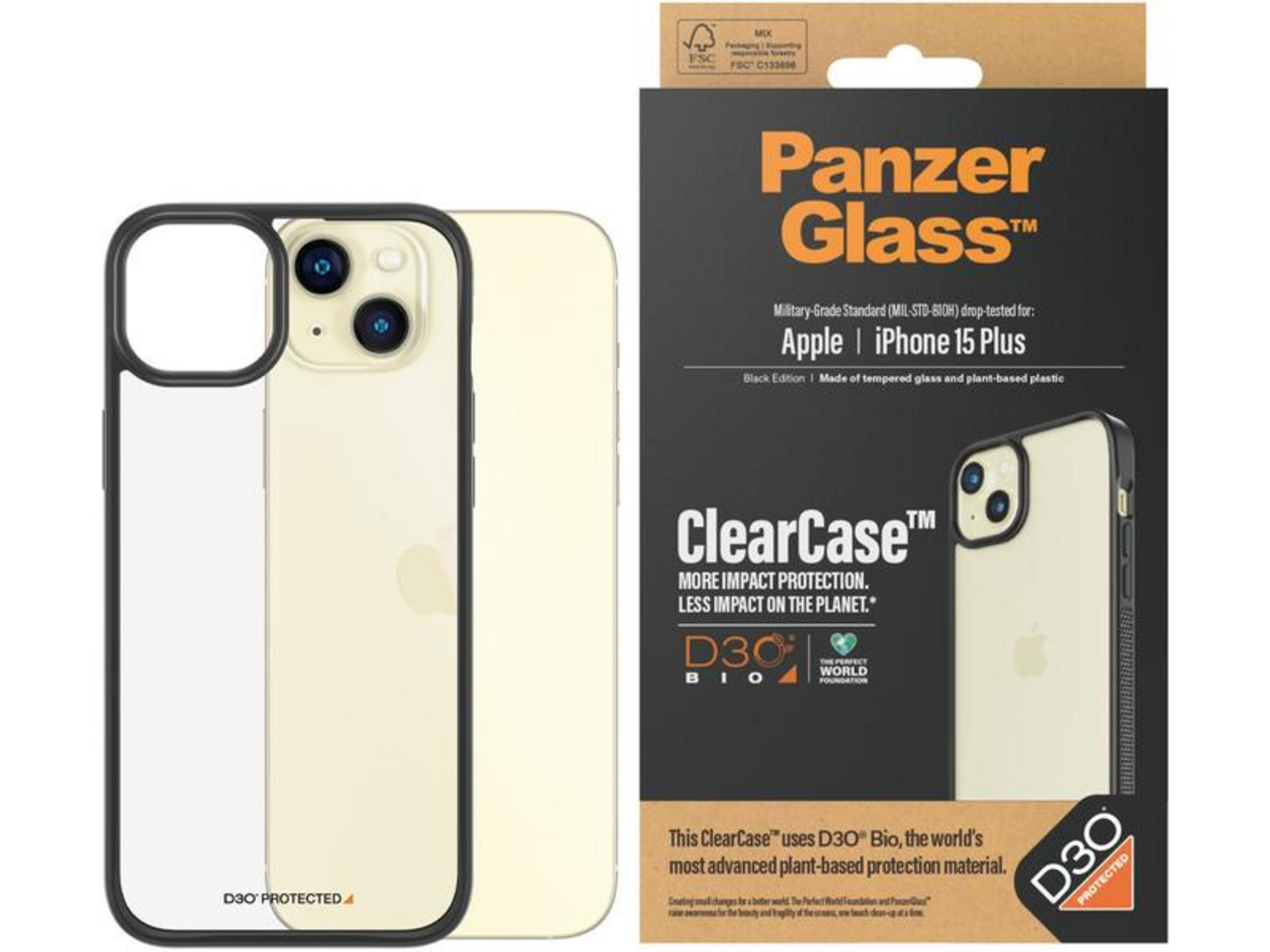 iPhone 15 Plus kılıfı ve ambalajı, siyah ve bej.