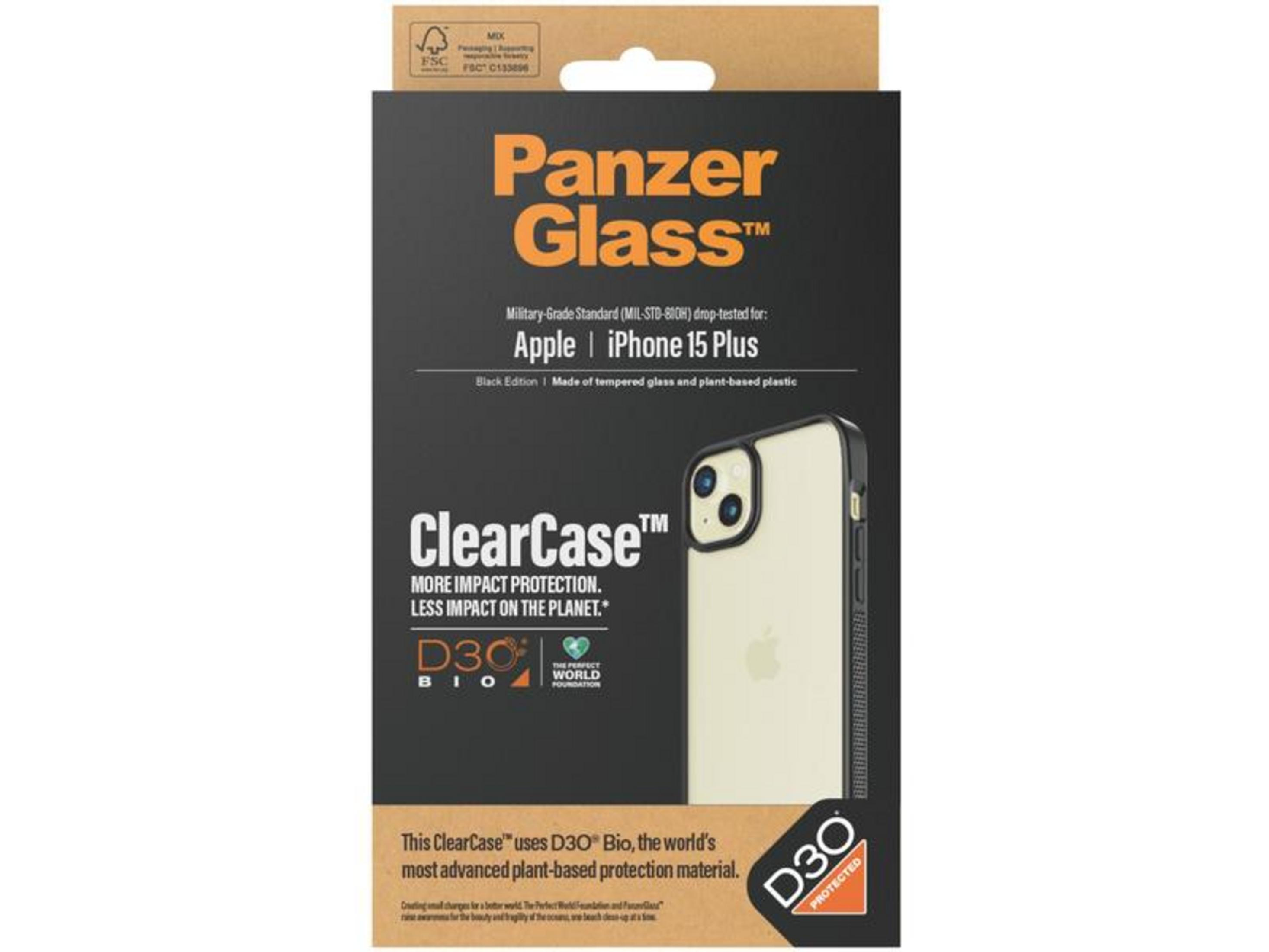 Apple iPhone 15 Plus için Panzer Glass ClearCase ambalajı, D3O Bio teknolojili.