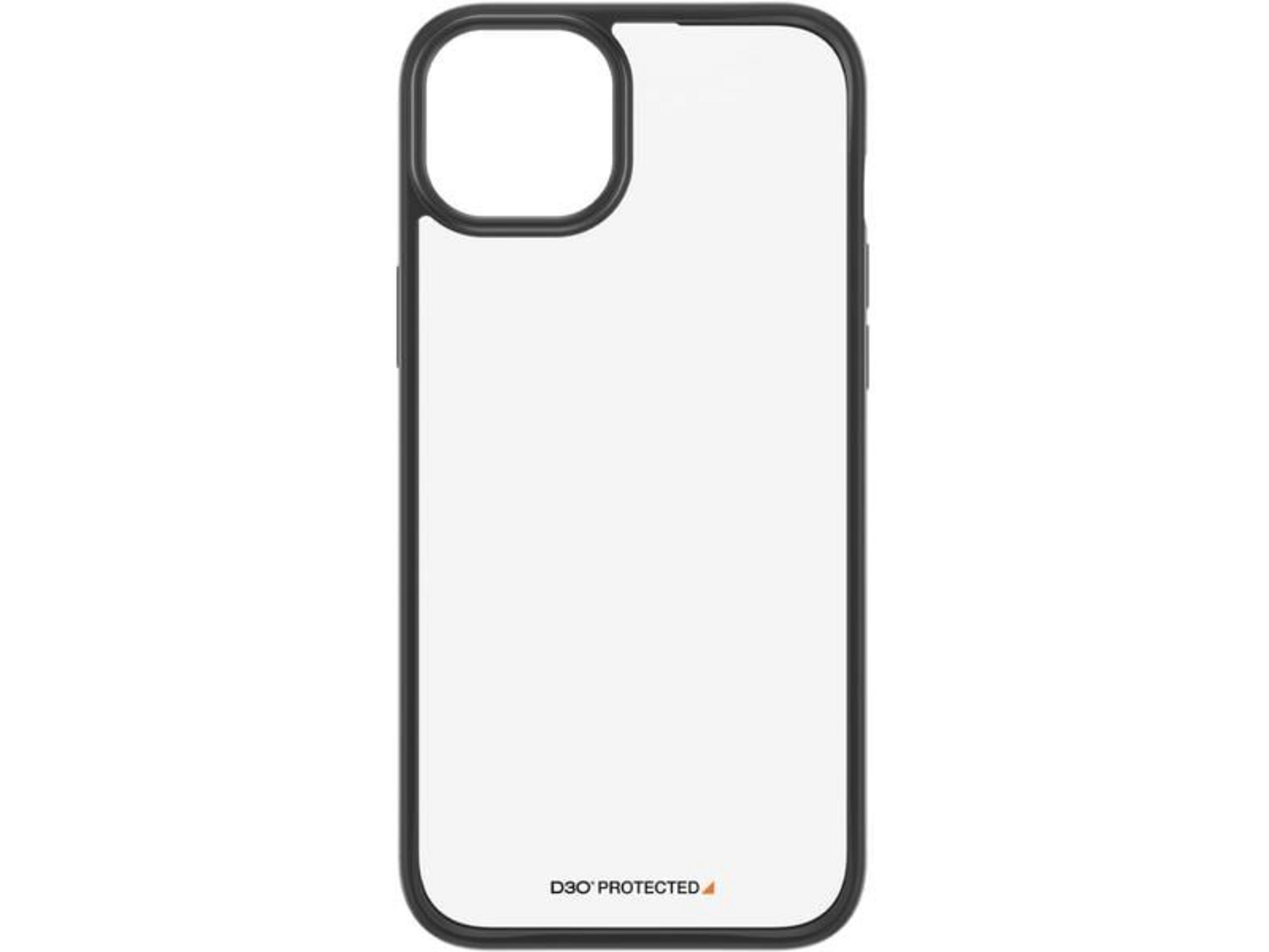 Şeffaf arka ve D3O logolu siyah iPhone kılıfı.