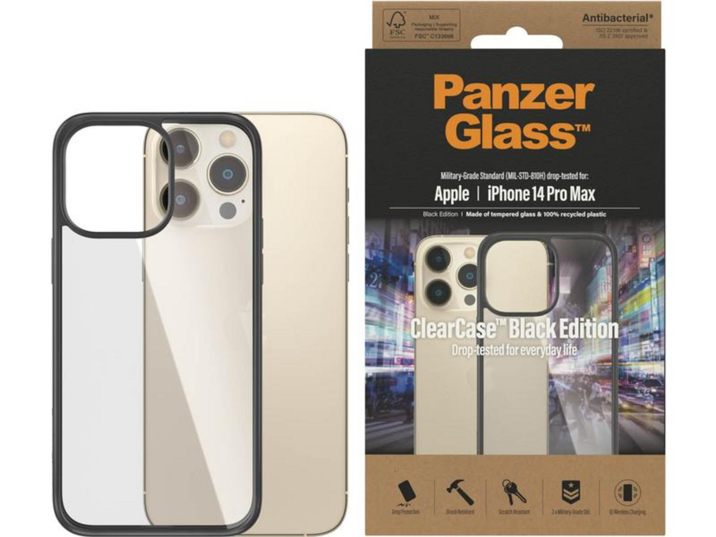 Verpackung für Panzer Glass iPhone 14 Pro Max Hülle mit Telefon daneben.