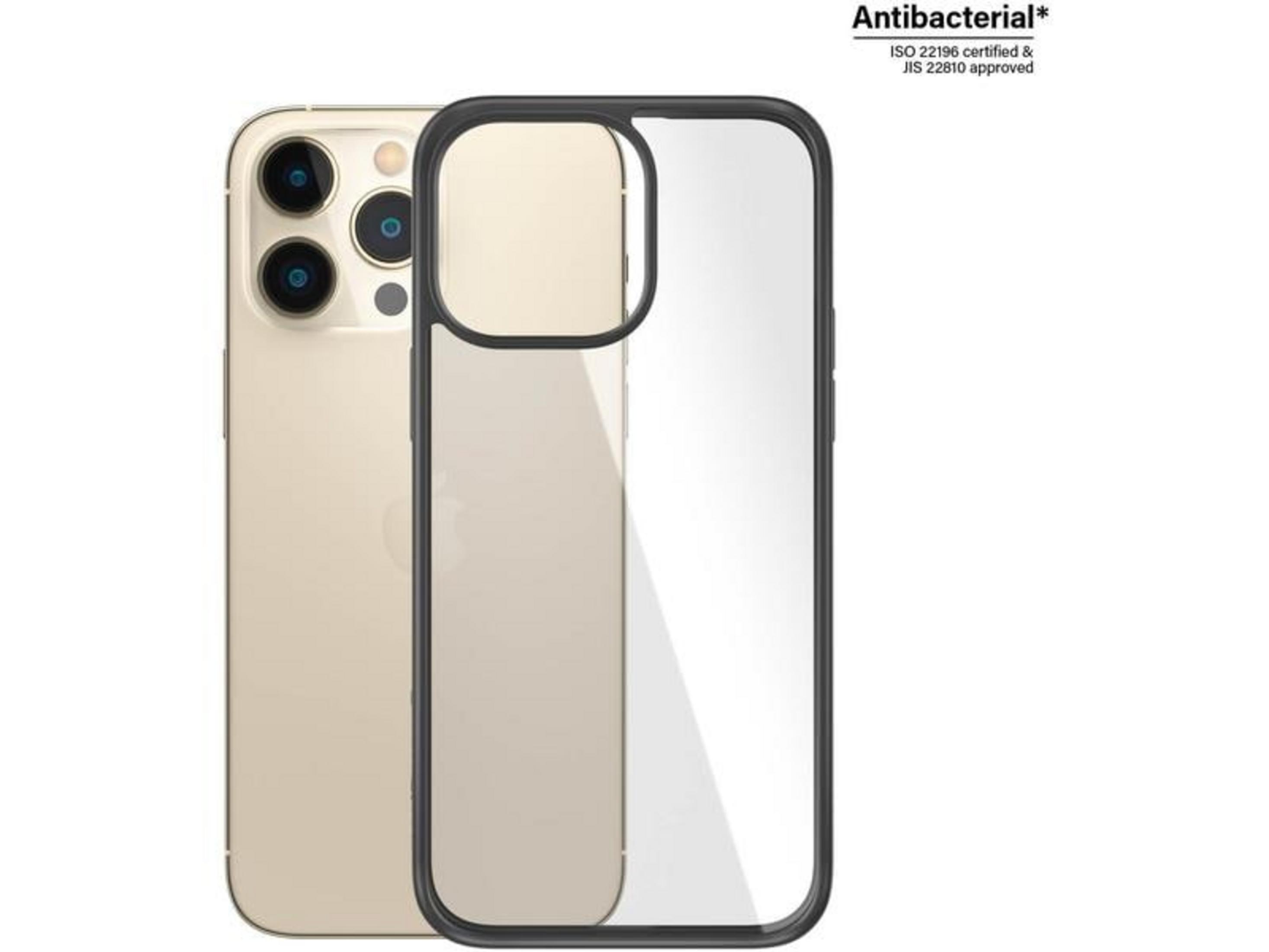 Ein goldenes iPhone mit einer klaren und schwarzen Hülle. Text: Antibakteriell* ISO 22196 zertifiziert & JIS 22810 zugelassen.