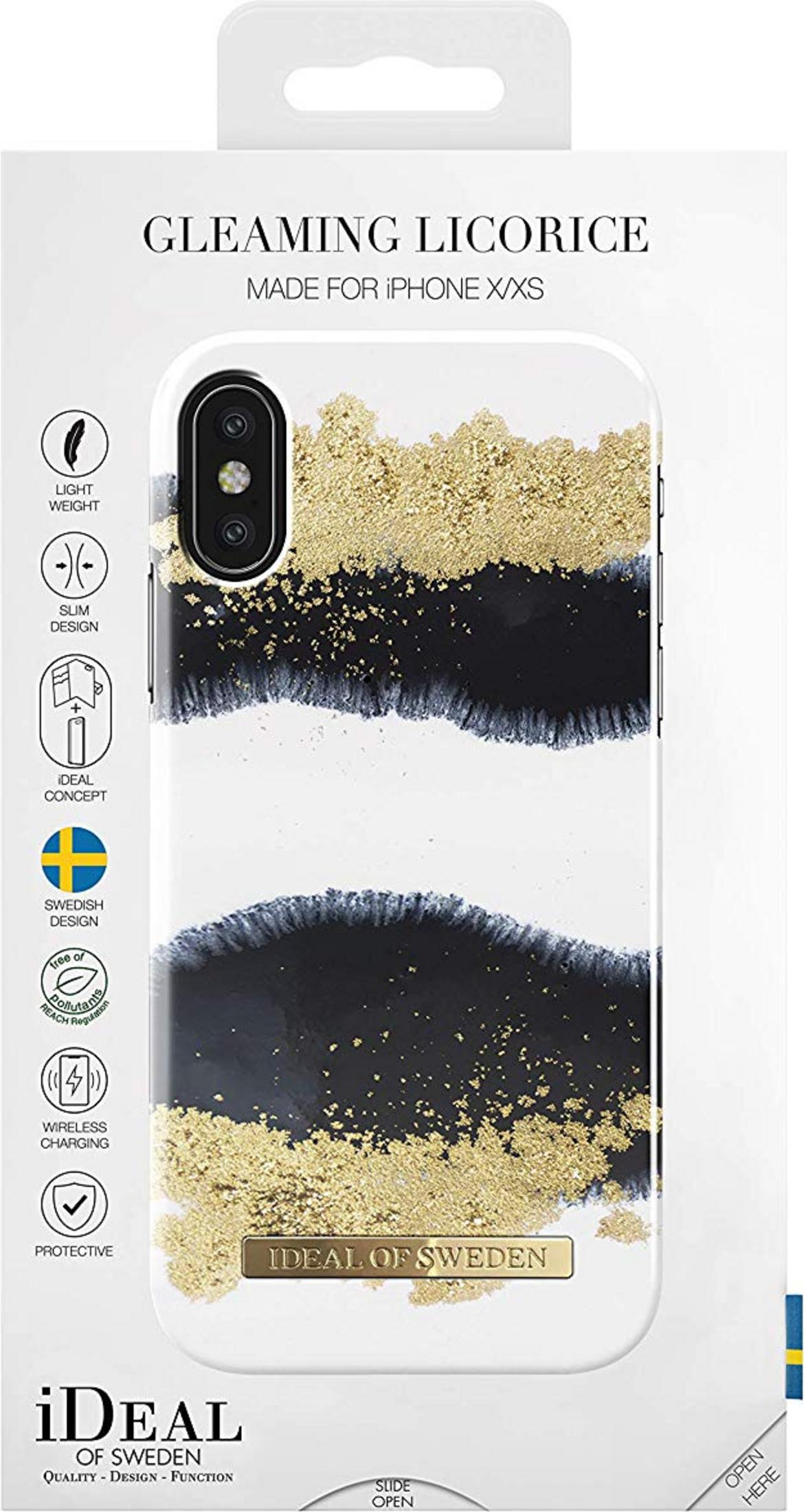 iPhone X/XS Hüllenverpackung mit Goldglitter und schwarzem abstraktem Design.