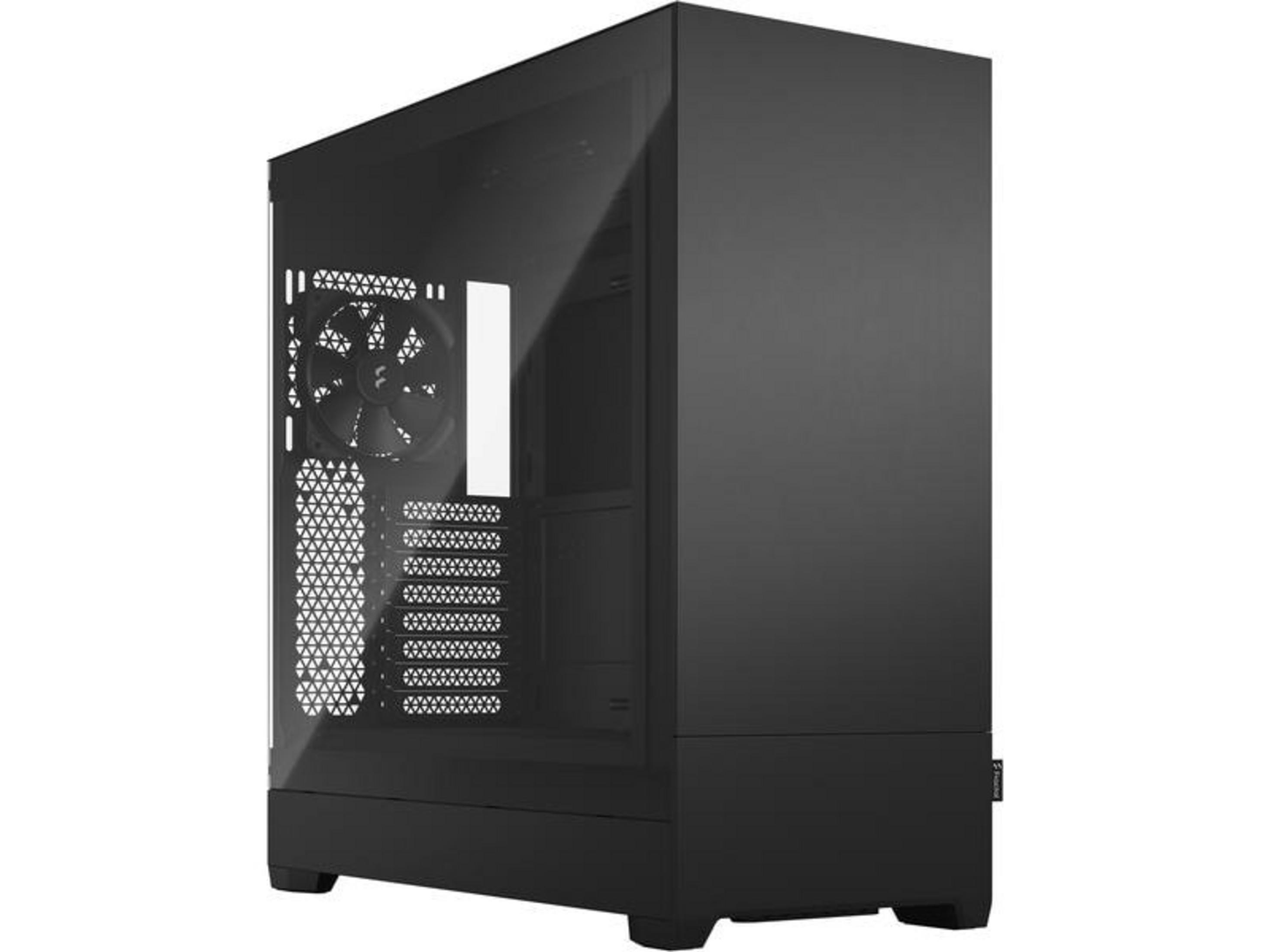 Case PC nero con frontale in vetro e ventola visibile.