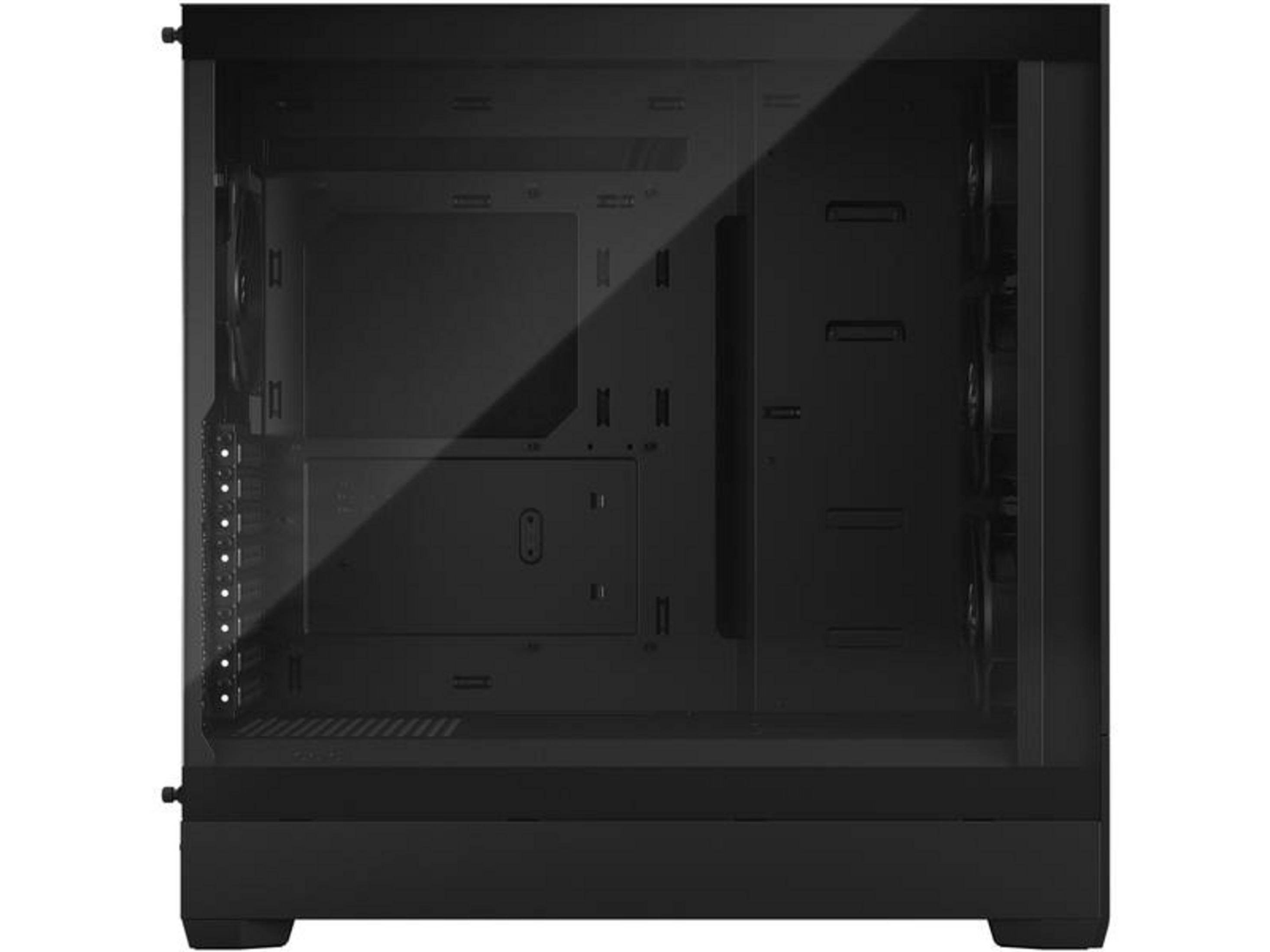 Un case per computer nero con pannello frontale in vetro e ventole laterali.