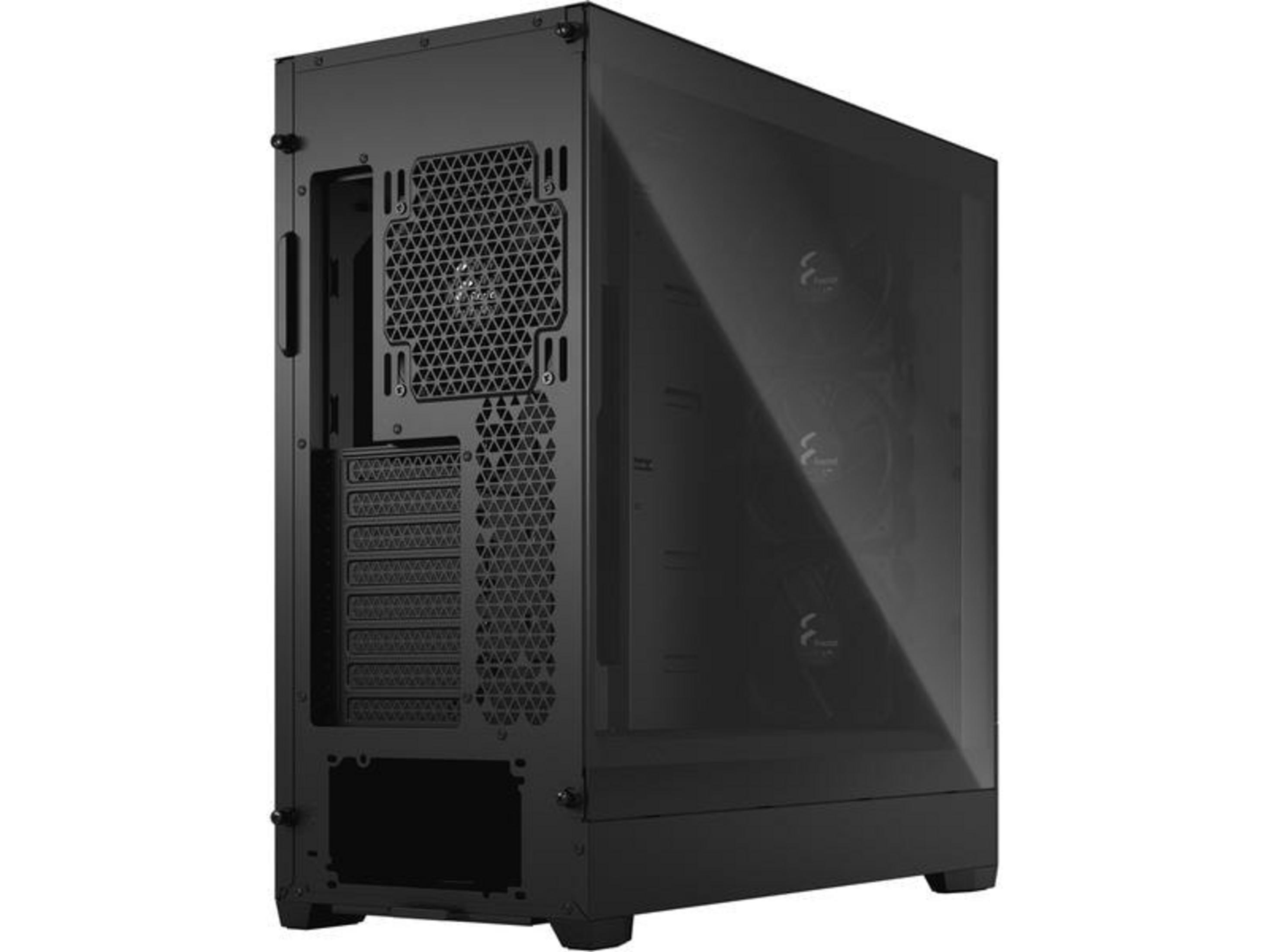 Case del computer nero con pannello laterale in vetro e pannello posteriore ventilato.