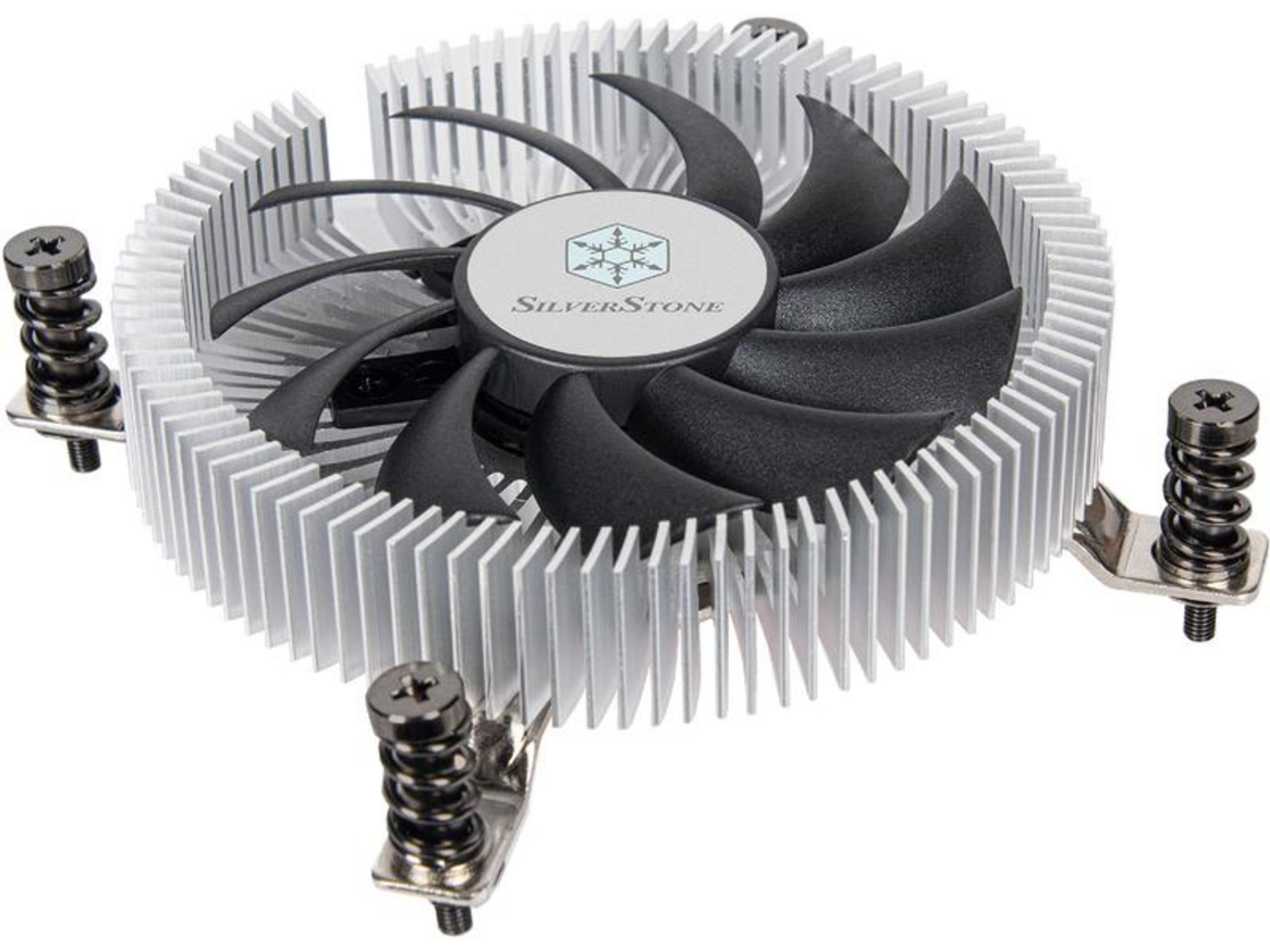 Un dissipatore CPU argentato con pale della ventola e viti nere.