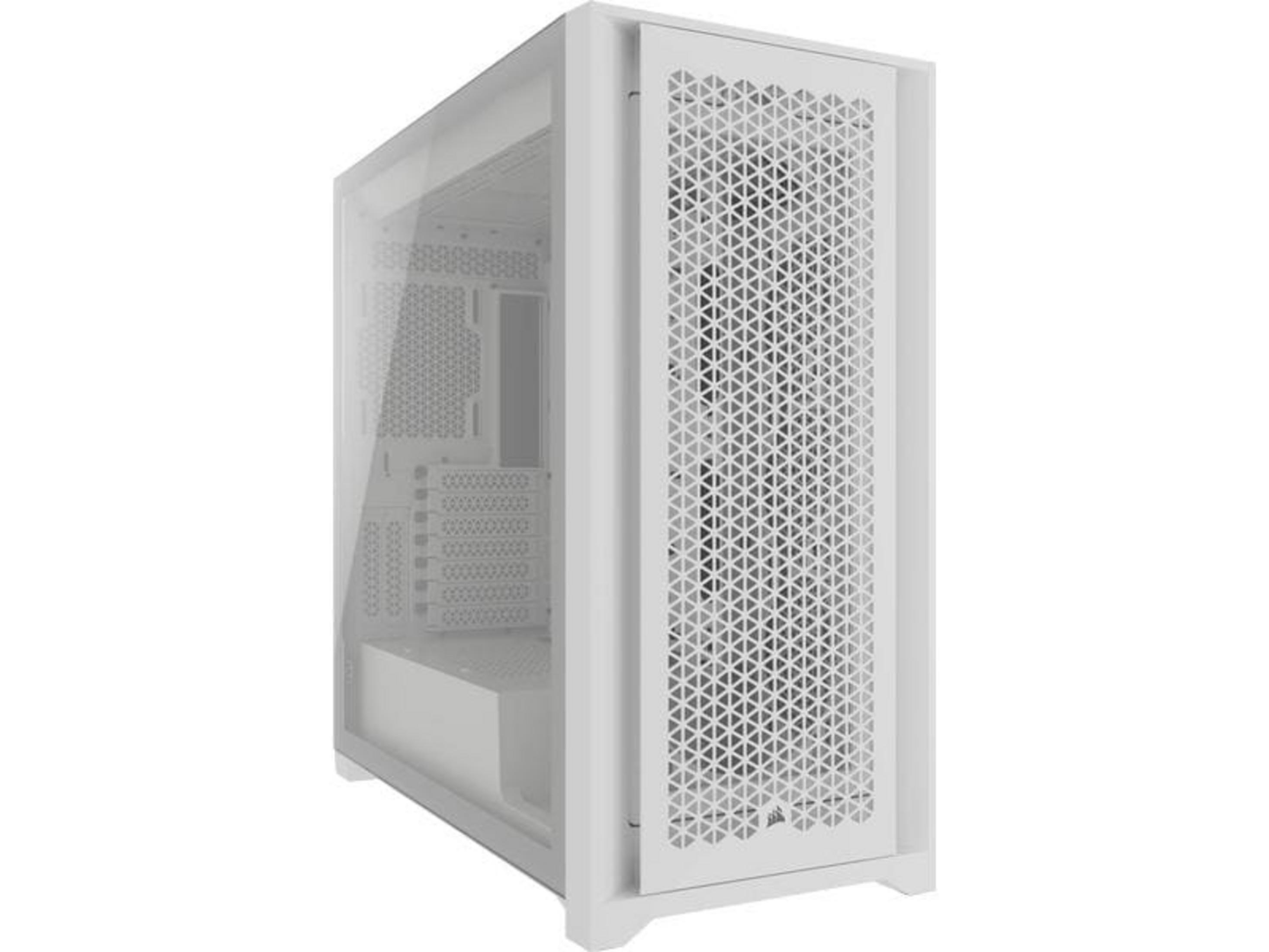 Un case per computer bianco con frontale in vetro e pannello laterale forato.