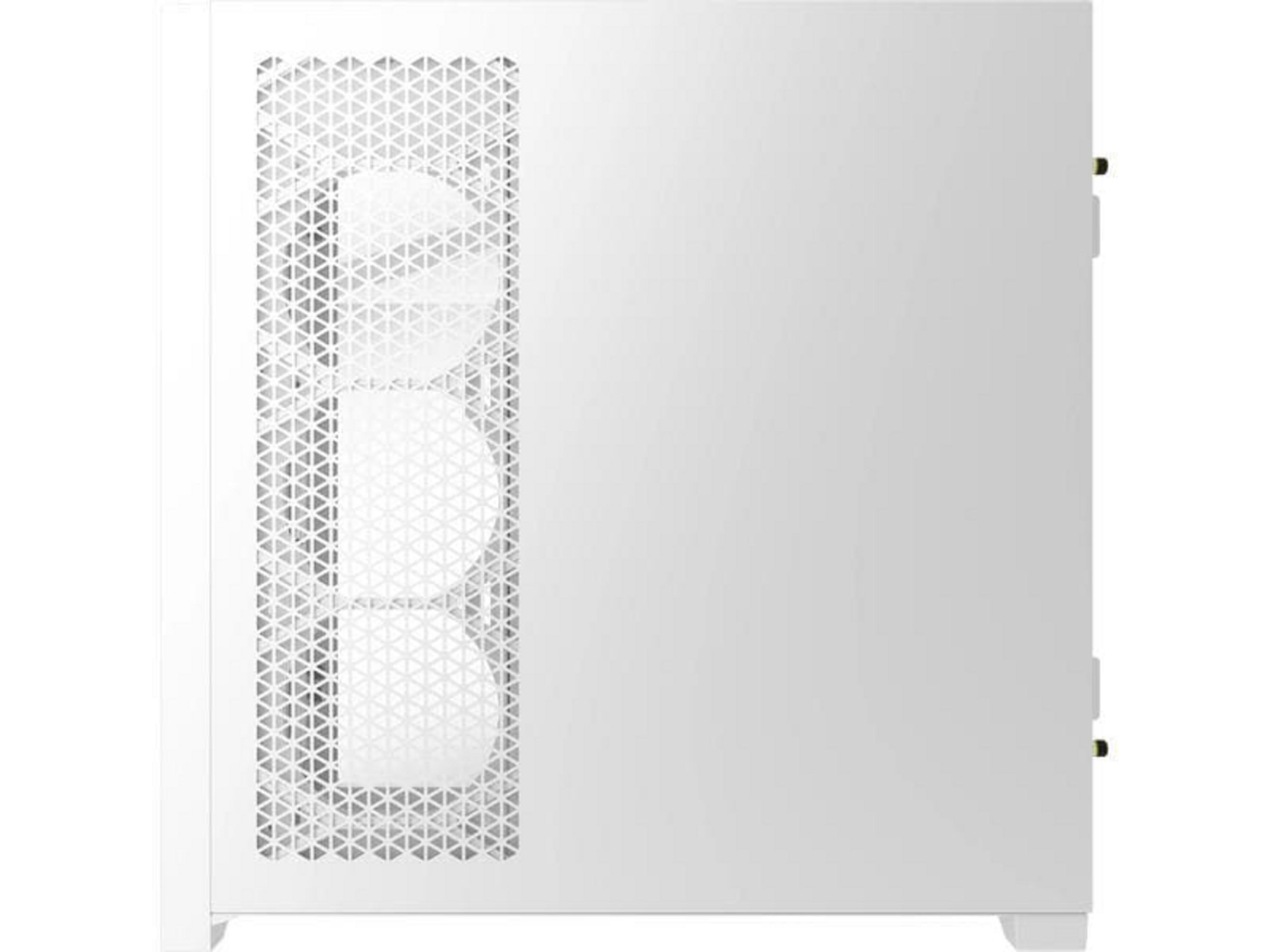 Un case per computer bianco con ventole sul lato sinistro e motivo a rete.