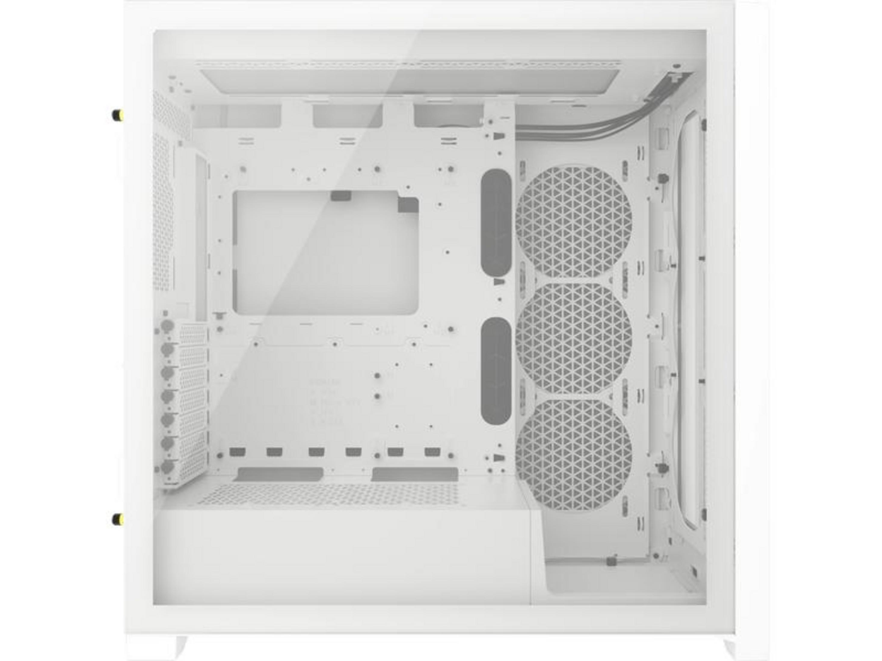 Interno case PC bianco con pannello laterale rimosso. Mostra supporti scheda madre, ventole e bay.