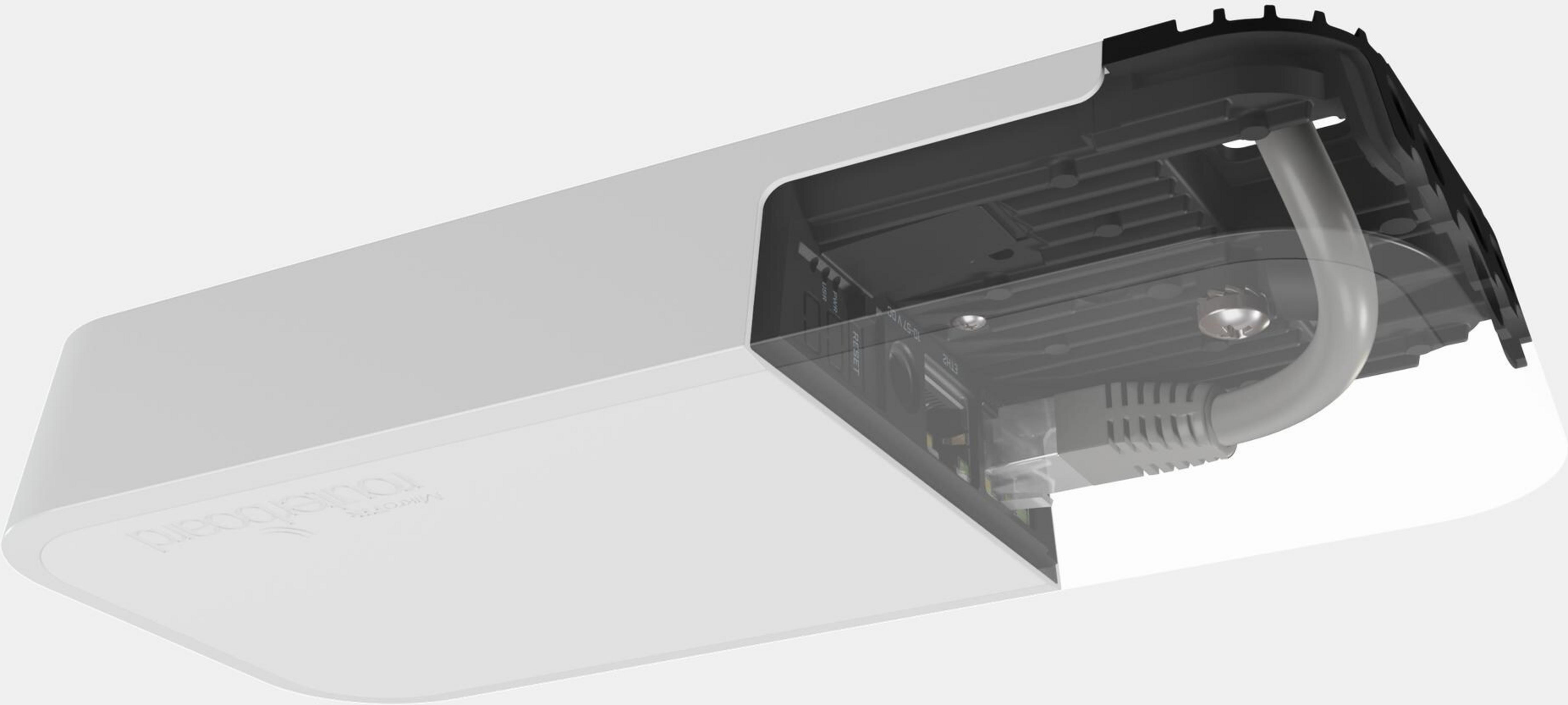 La carcasa transparente revela los componentes internos de un router blanco con cable Ethernet.