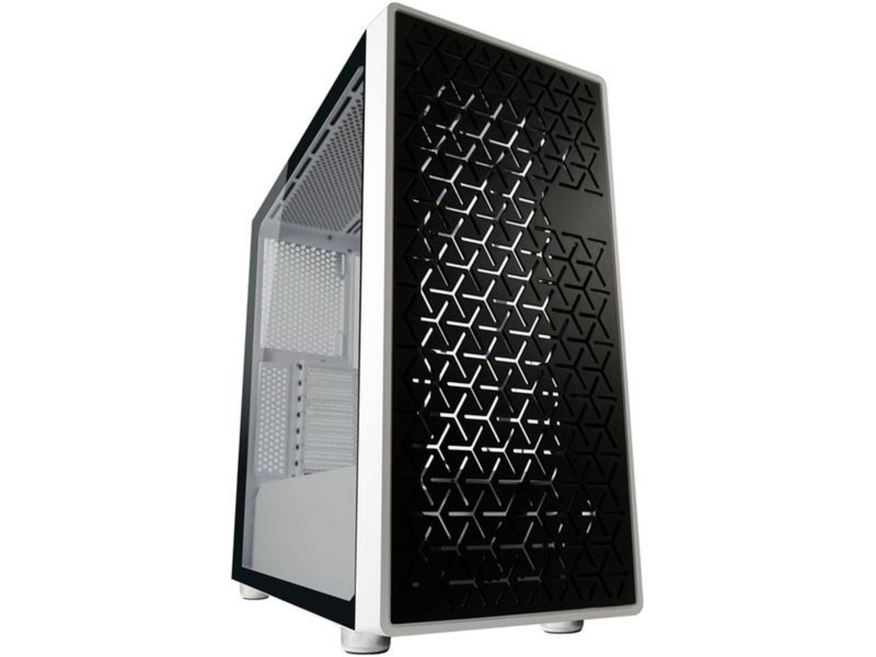 Case del computer bianco e nero con lato in vetro e pannello frontale geometrico.