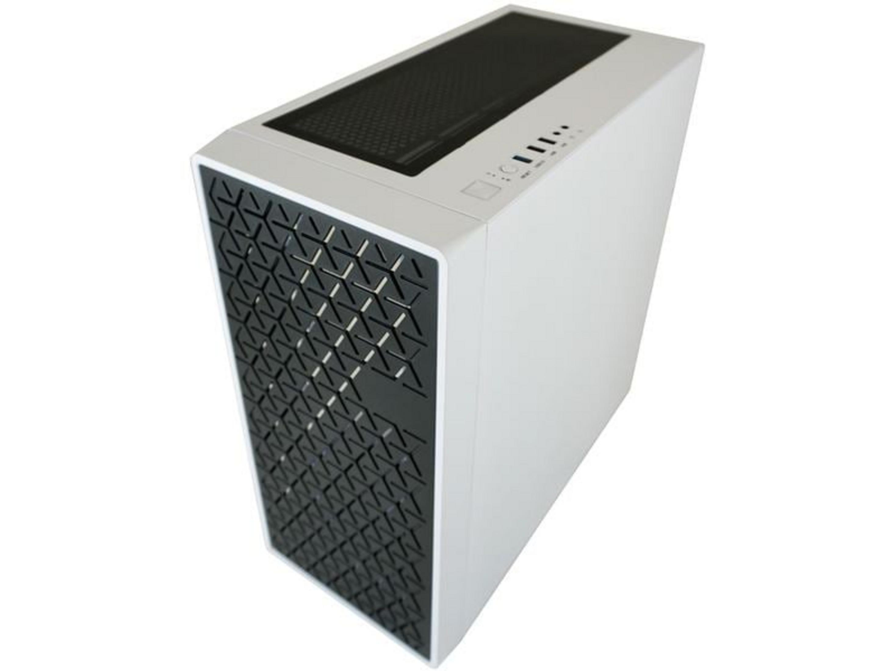 Case del computer bianco con pannello frontale nero e motivo geometrico.
