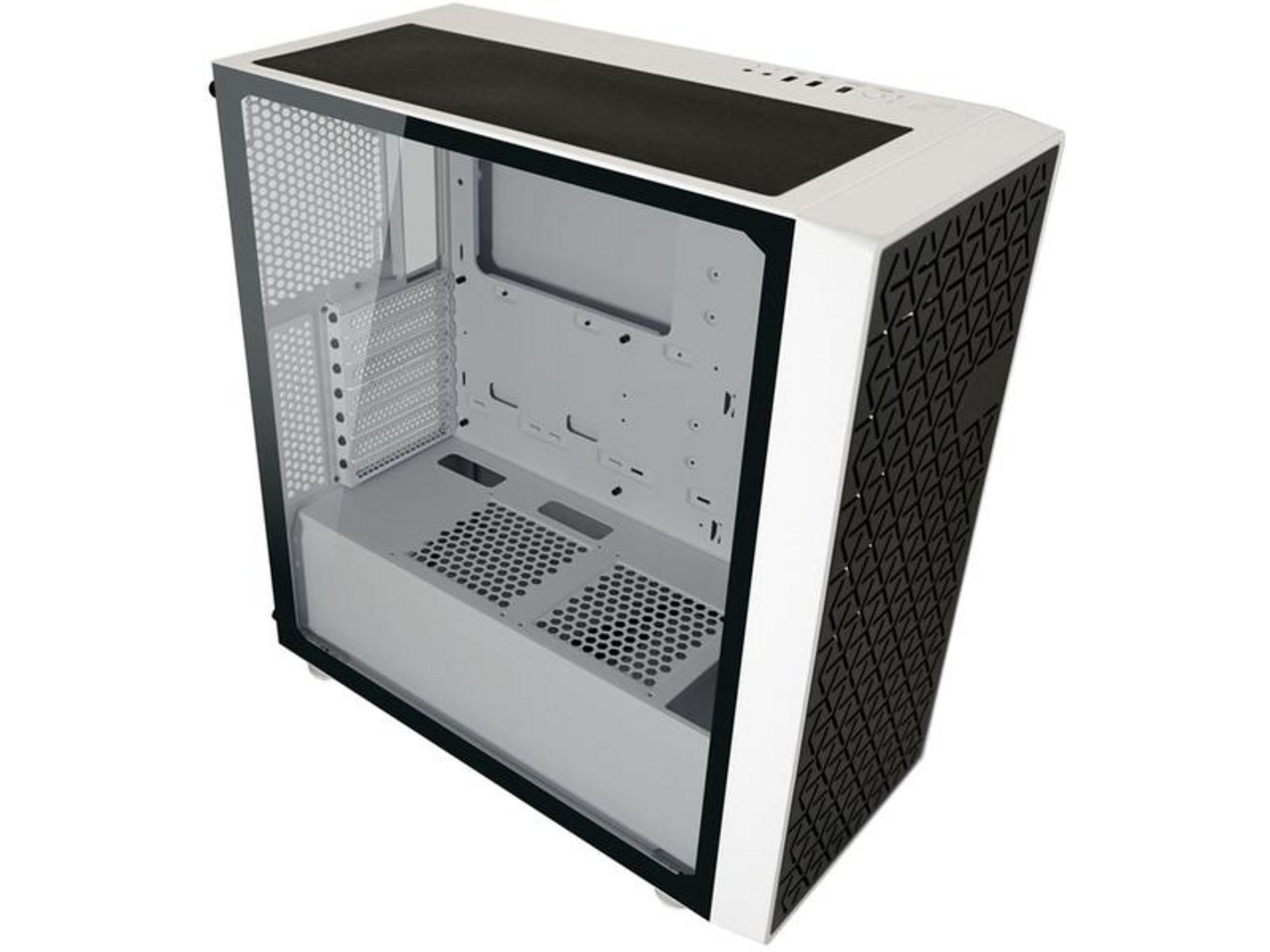 Un case per computer bianco con finestra laterale trasparente e frontale a motivo nero.