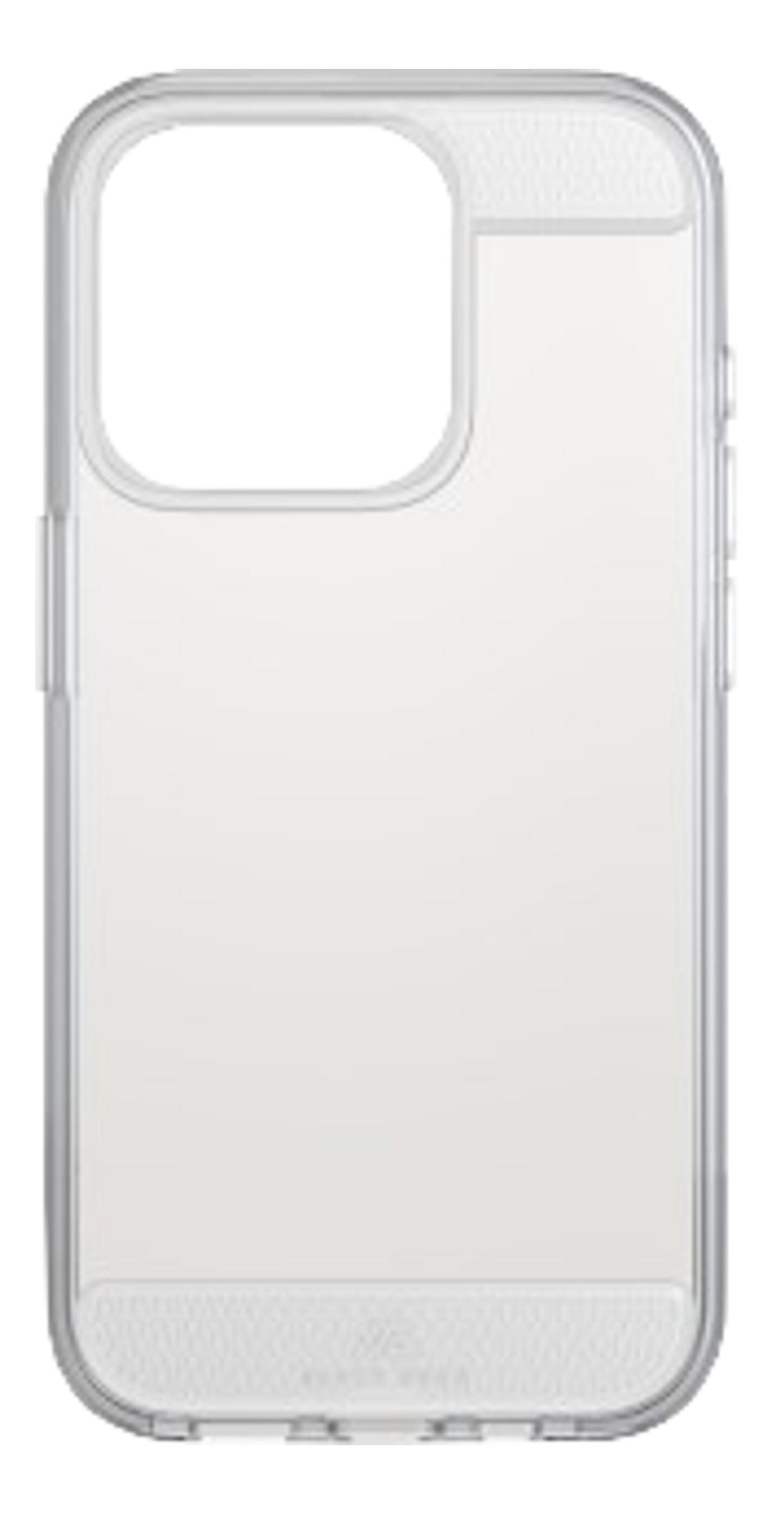 Custodia trasparente per telefono con bordi grigi e ritaglio per fotocamera.