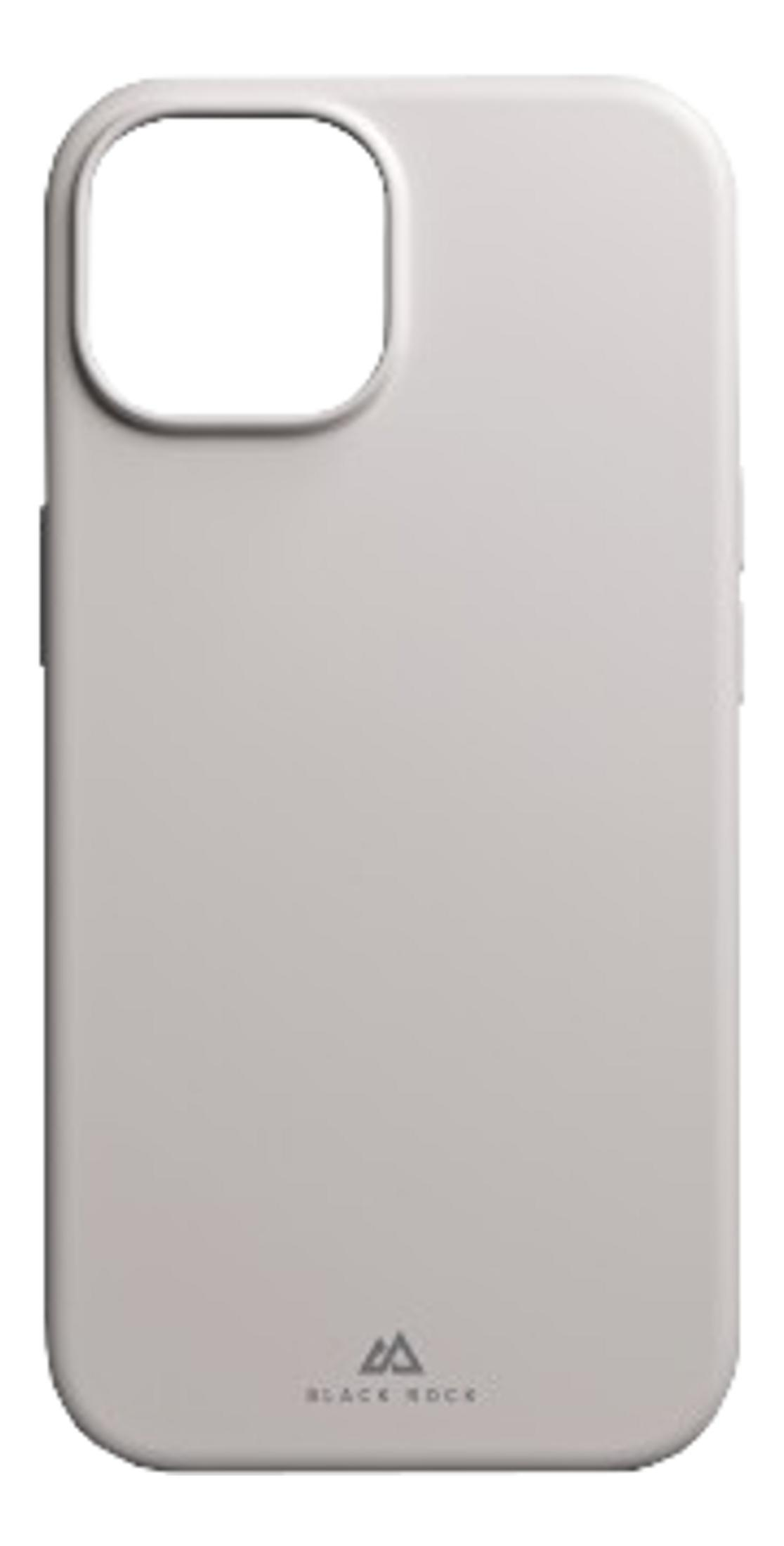 Una cover per telefono color crema opaco con ritaglio fotocamera rettangolare e logo.