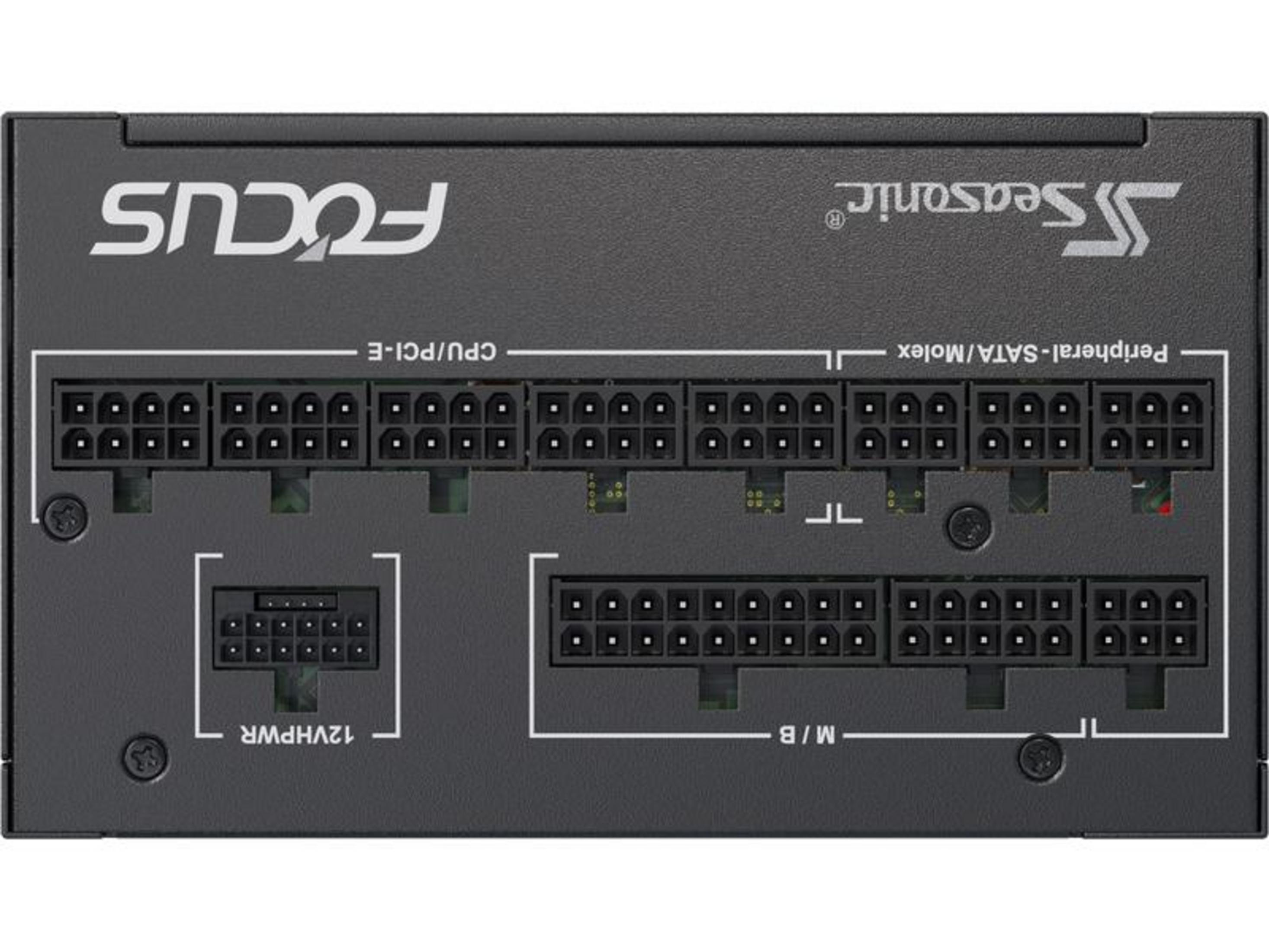 Rückseite eines schwarzen Seasonic FOCUS Netzteil mit Anschlüssen für M/B, CPU/PCI-E, SATA/Molex und 12VHPWR.