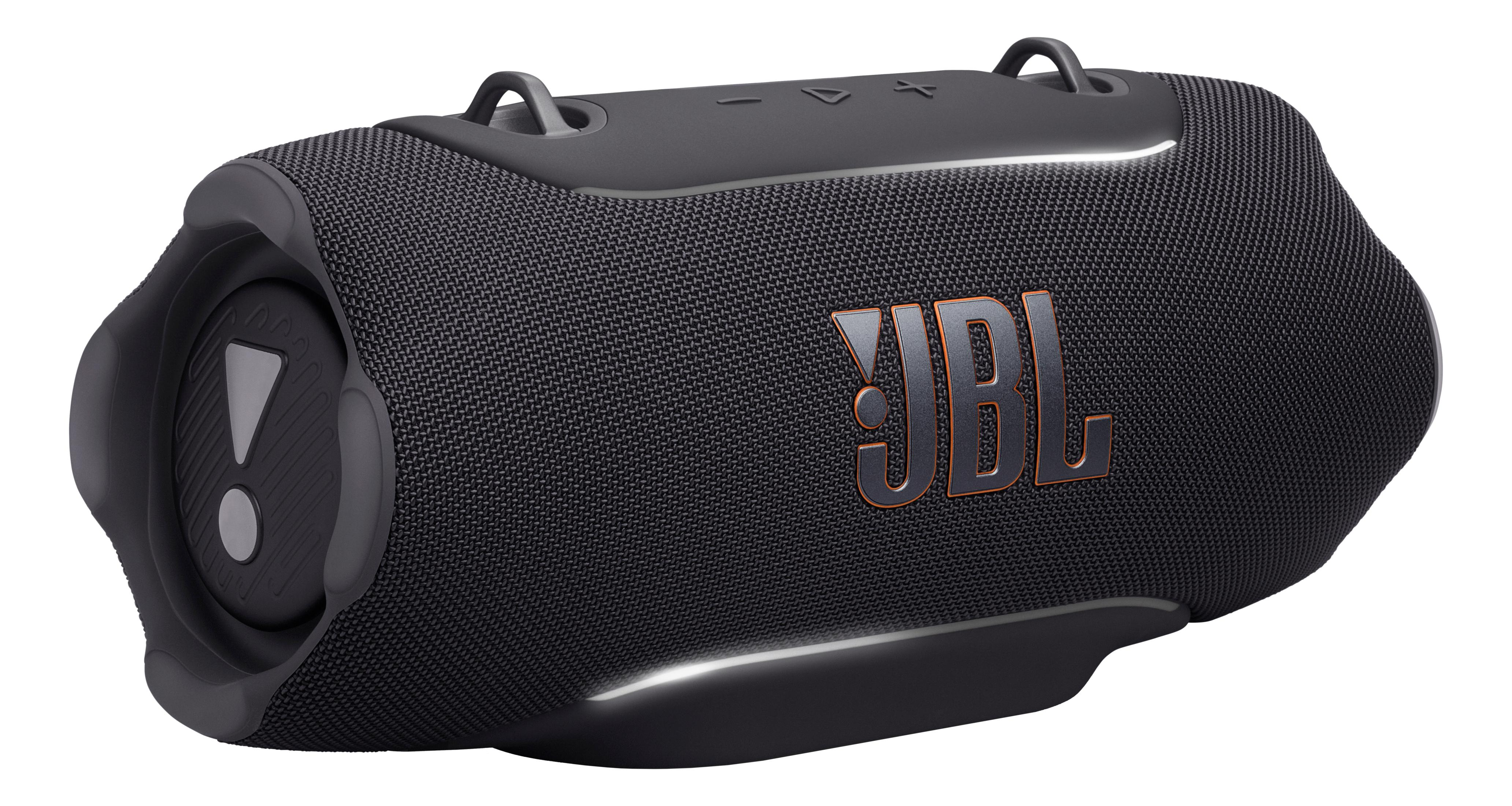 Schwarzer tragbarer JBL-Lautsprecher mit orangefarbenem Logo und Tragegriffen.