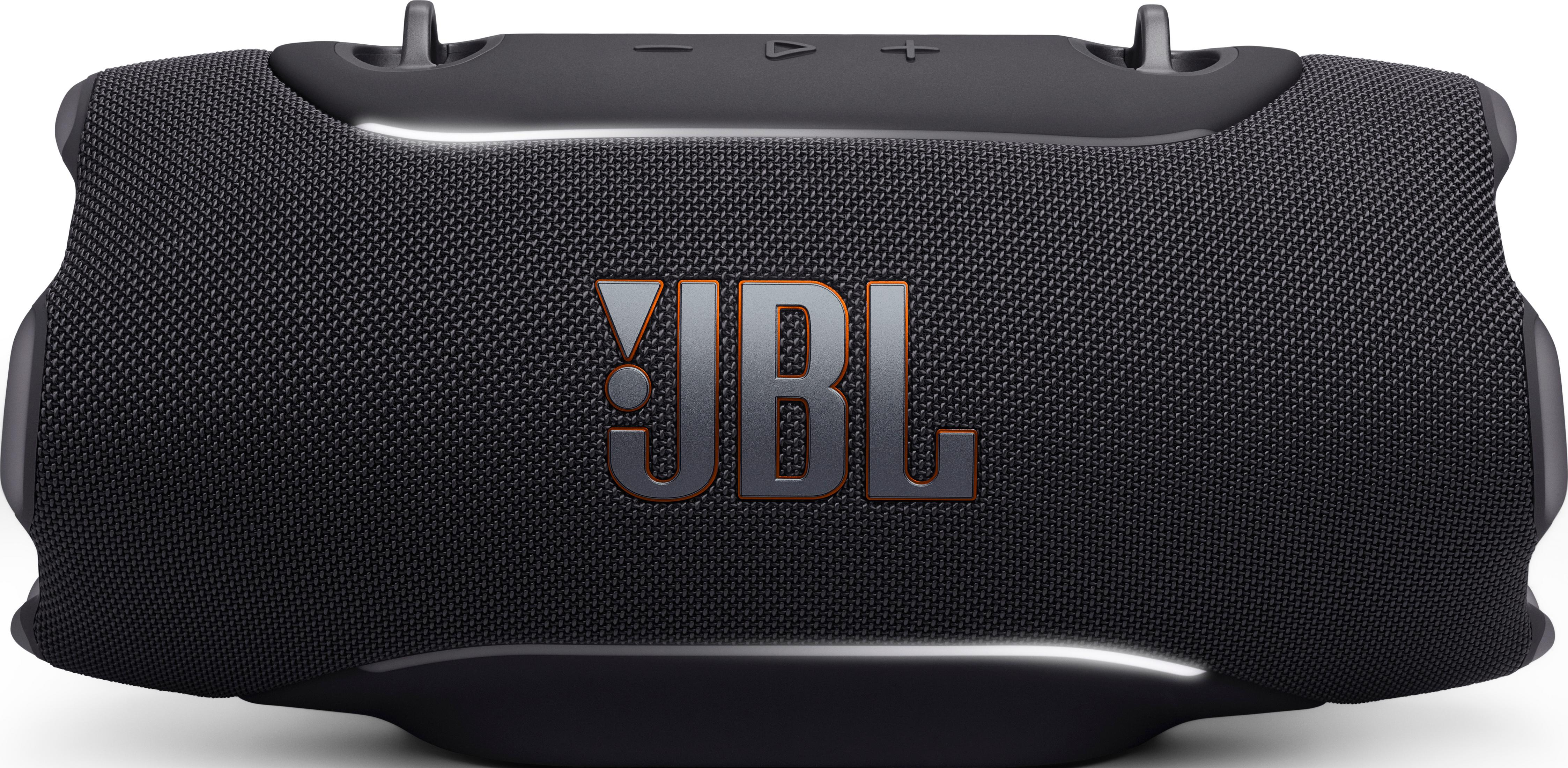 Schwarzer JBL Bluetooth-Lautsprecher mit silbernen Akzenten und Logo.