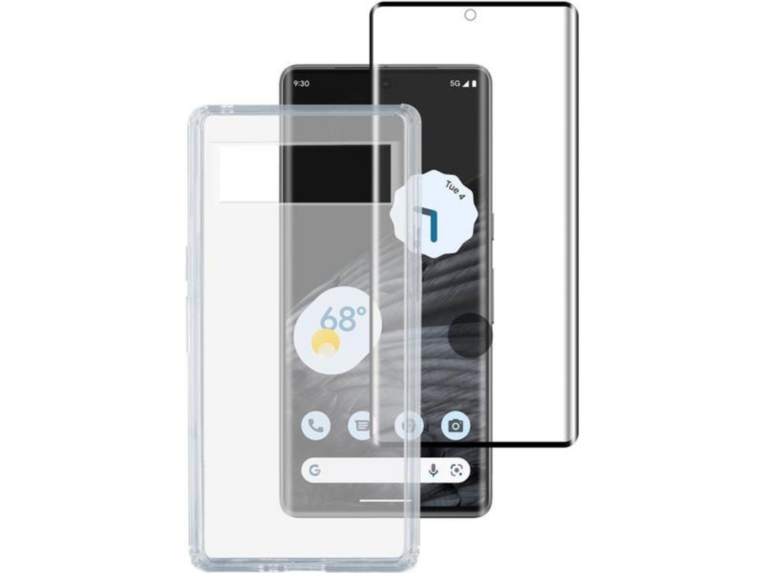 Uno smartphone con custodia trasparente e pellicola protettiva.