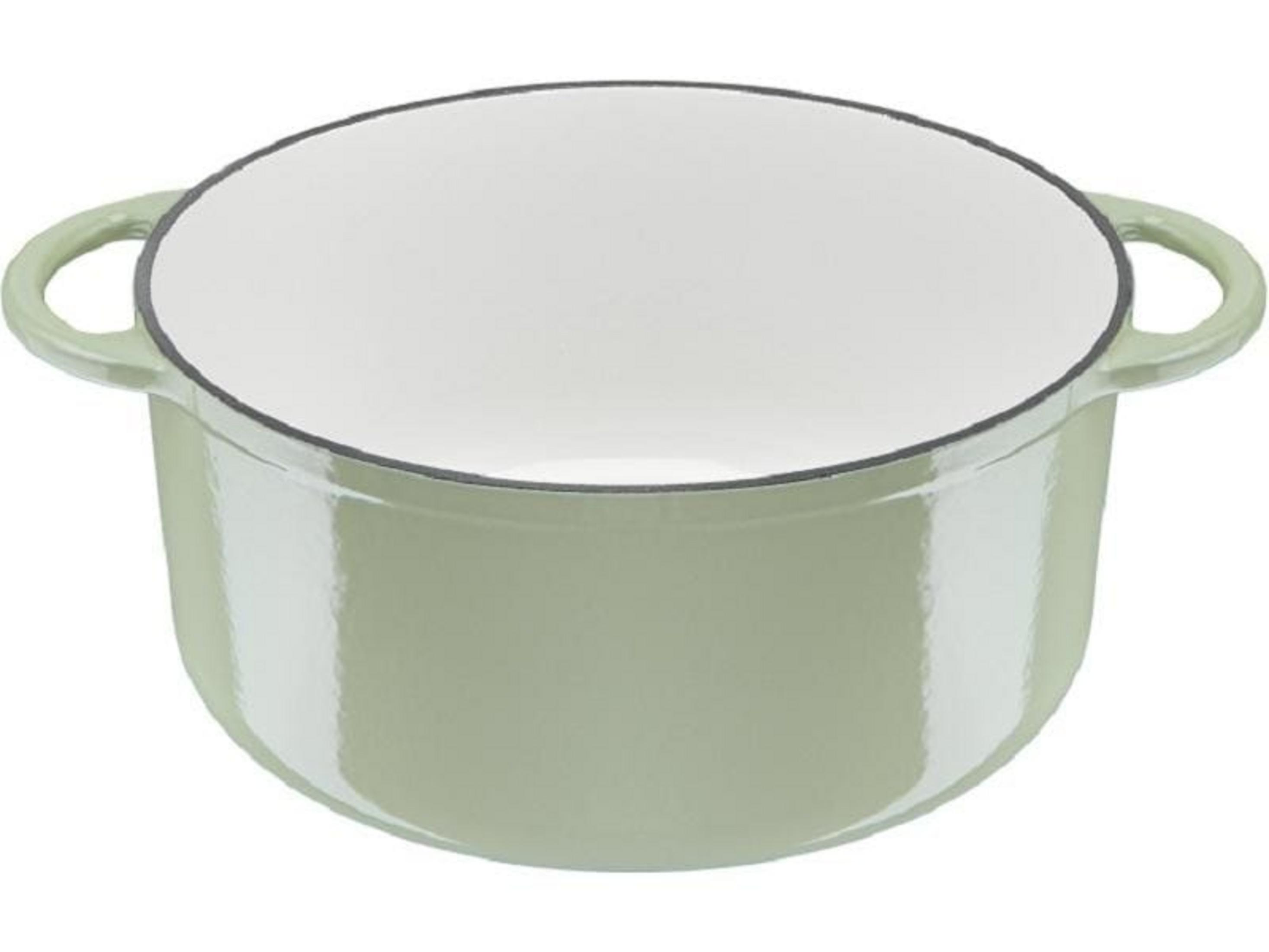 Una olla de esmalte verde claro con dos asas y un interior blanco.