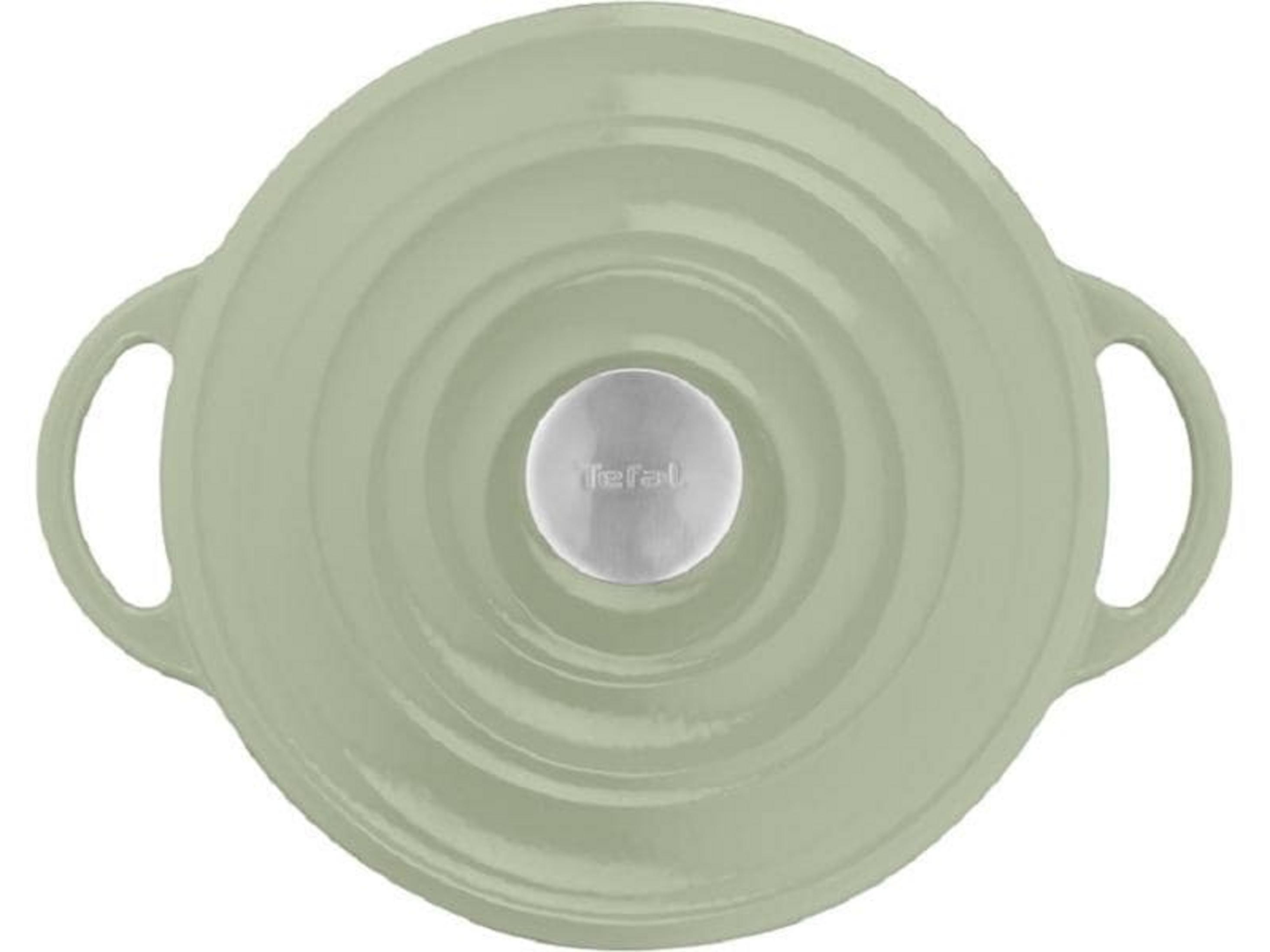 Una tapa de olla verde claro con asas y un logo plateado de Tefal.