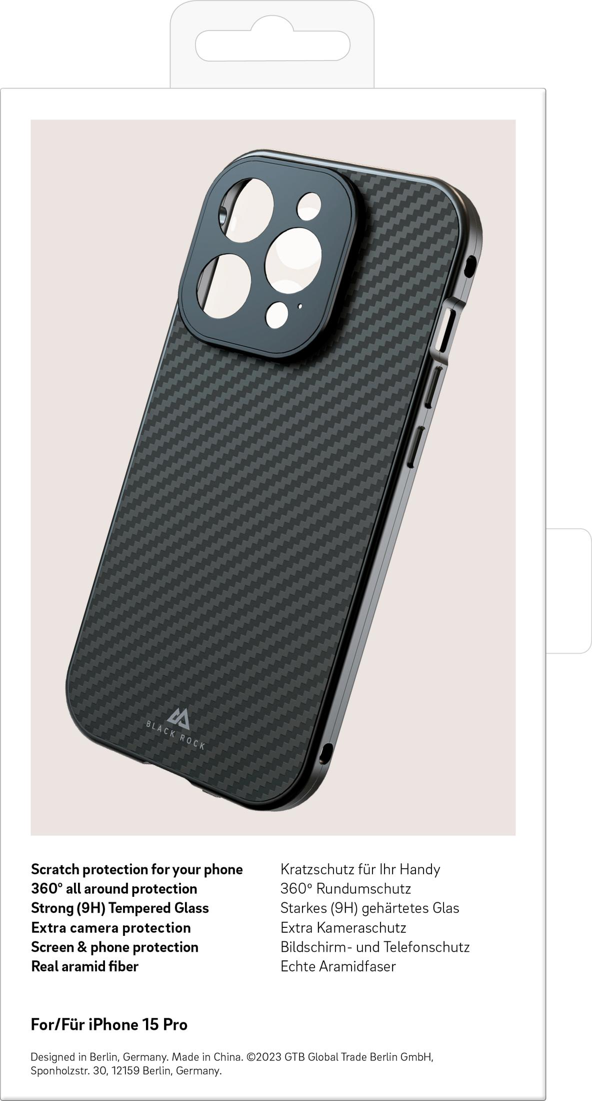 Schwarzes Handyhülle mit Karbonmuster für iPhone 15 Pro, Kameraschutz.