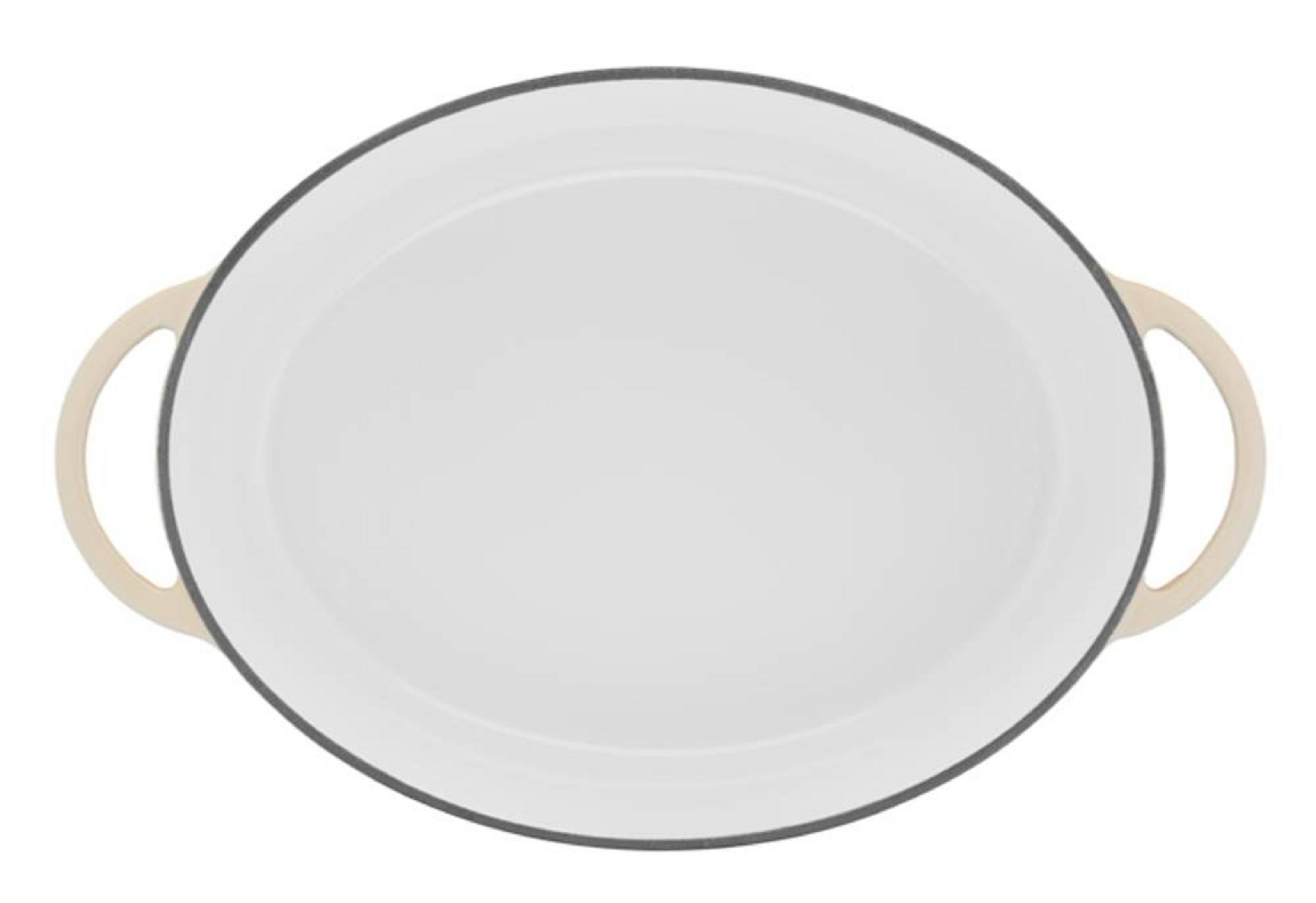 Una olla de esmalte blanco con dos asas beige, vista superior.