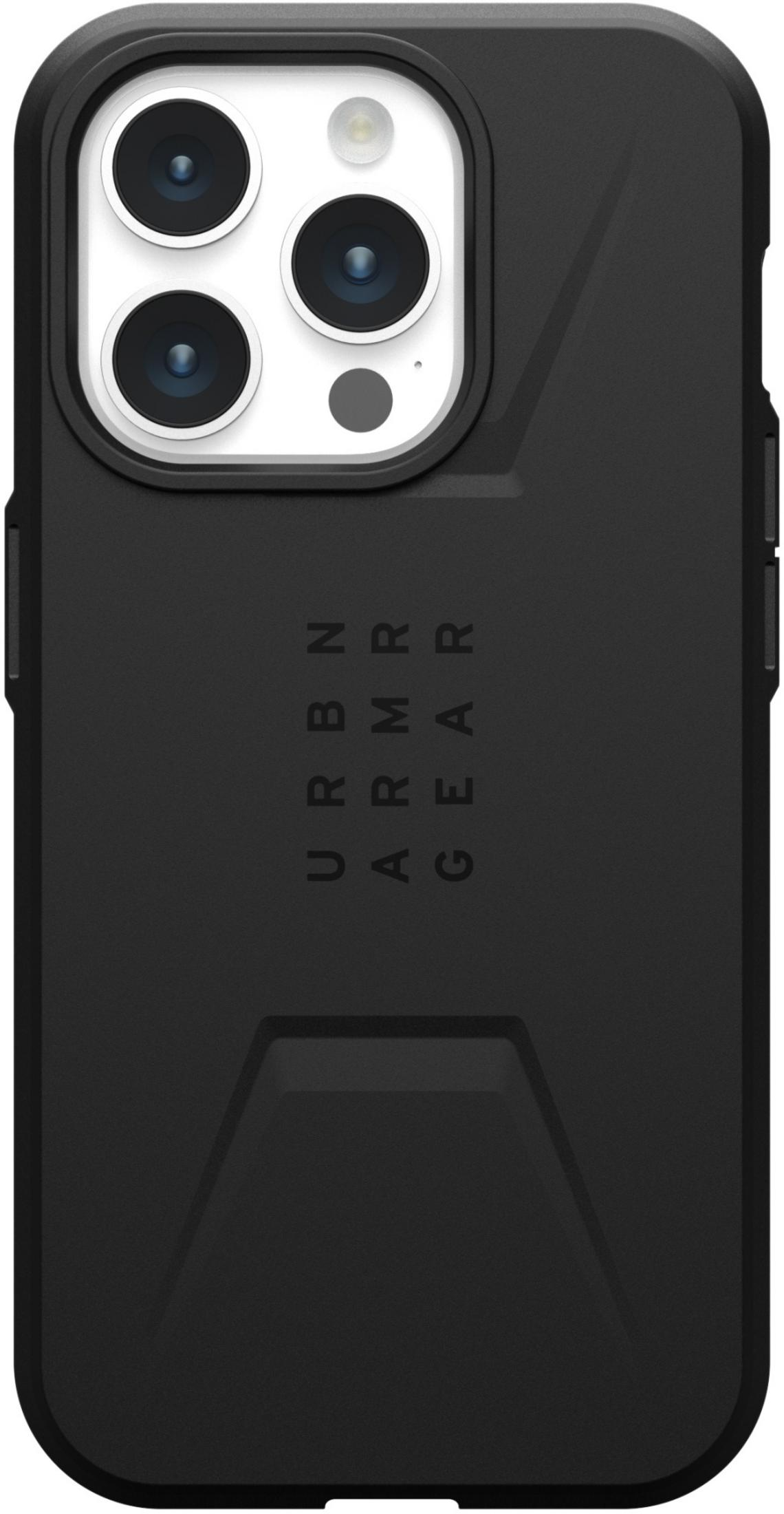 Funda negra para teléfono con lente de cámara triple y estampado.