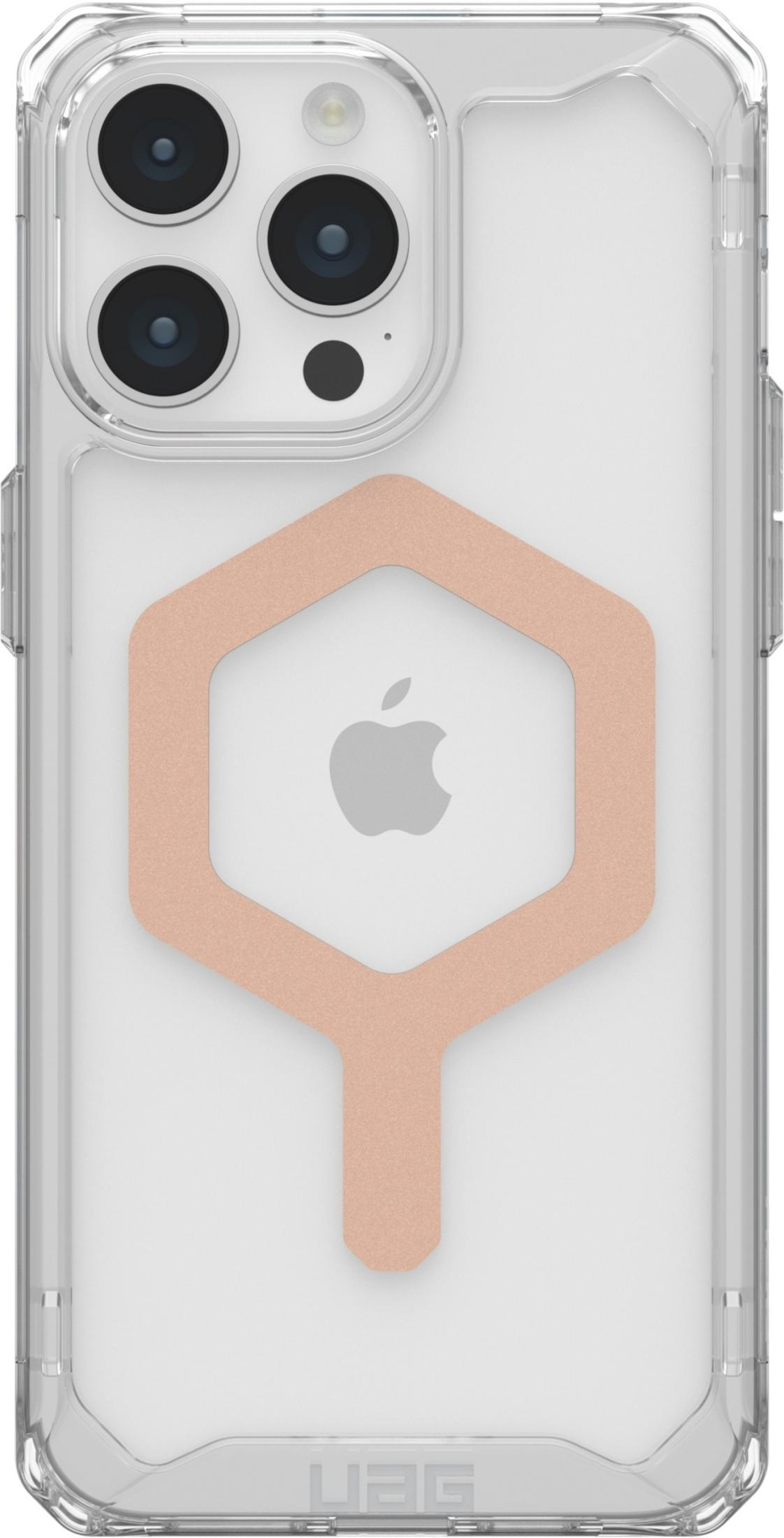 Transparente Handyhülle mit roségoldenem MagSafe-Hexagonring um das Apple-Logo.