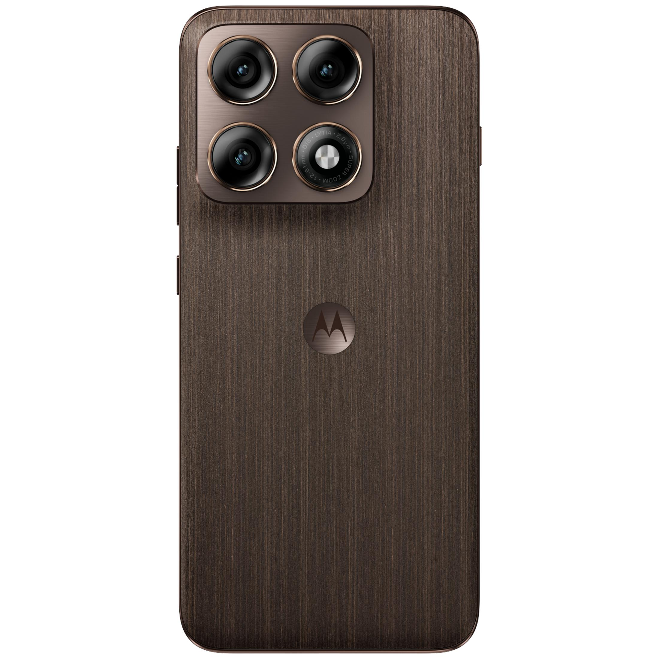 Smartphone marrone scuro con quattro fotocamere e logo Motorola.