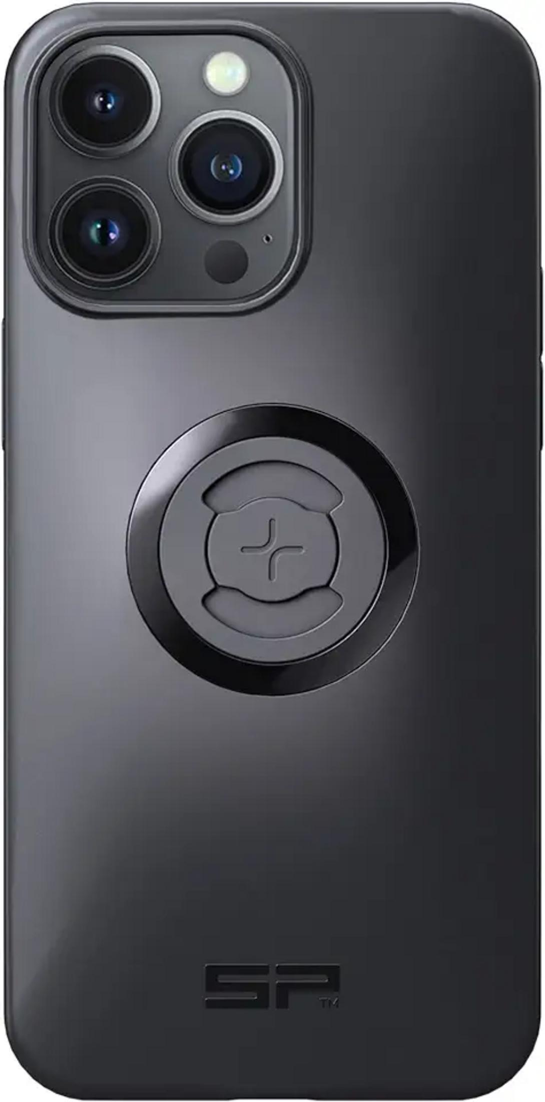 Dunkelgraues Handy mit dreifacher Kamera und rundem Griff auf der Rückseite.