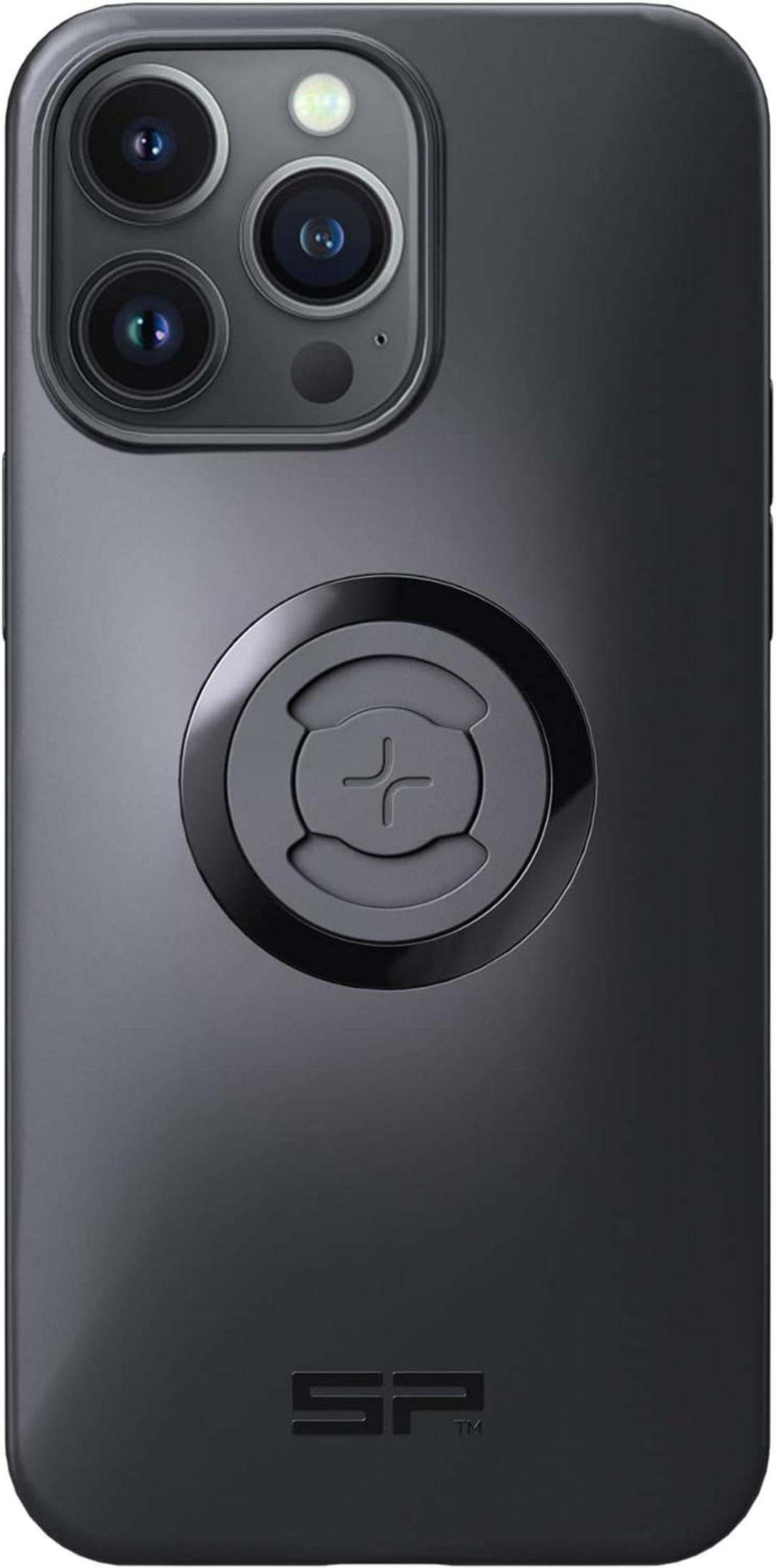 Dunkelgraues Handy mit drei Kameralinsen und einem runden Griff auf der Rückseite.