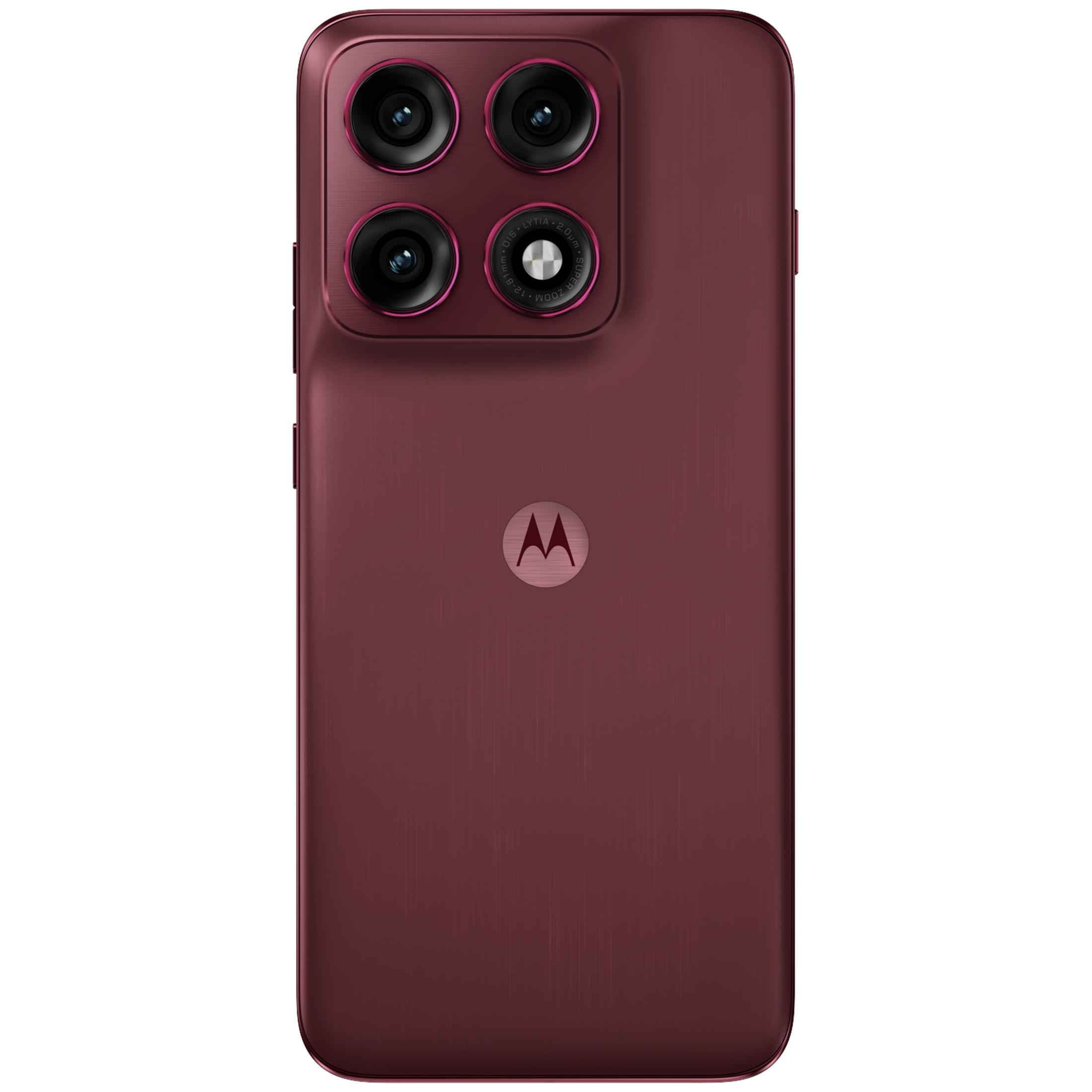 Smartphone rosso scuro con quattro fotocamere e logo Motorola sul retro.