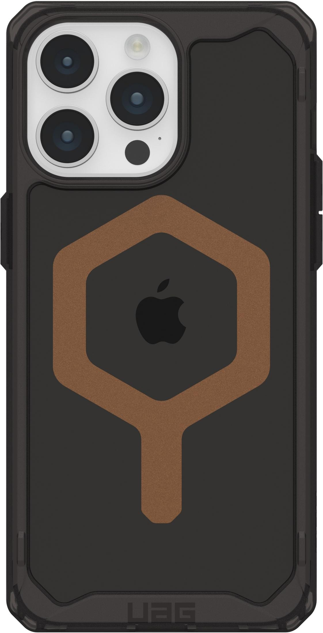 Schwarze Handyhülle mit Kamerabeule und braunem Sechseckdesign. UAG-Logo unten.