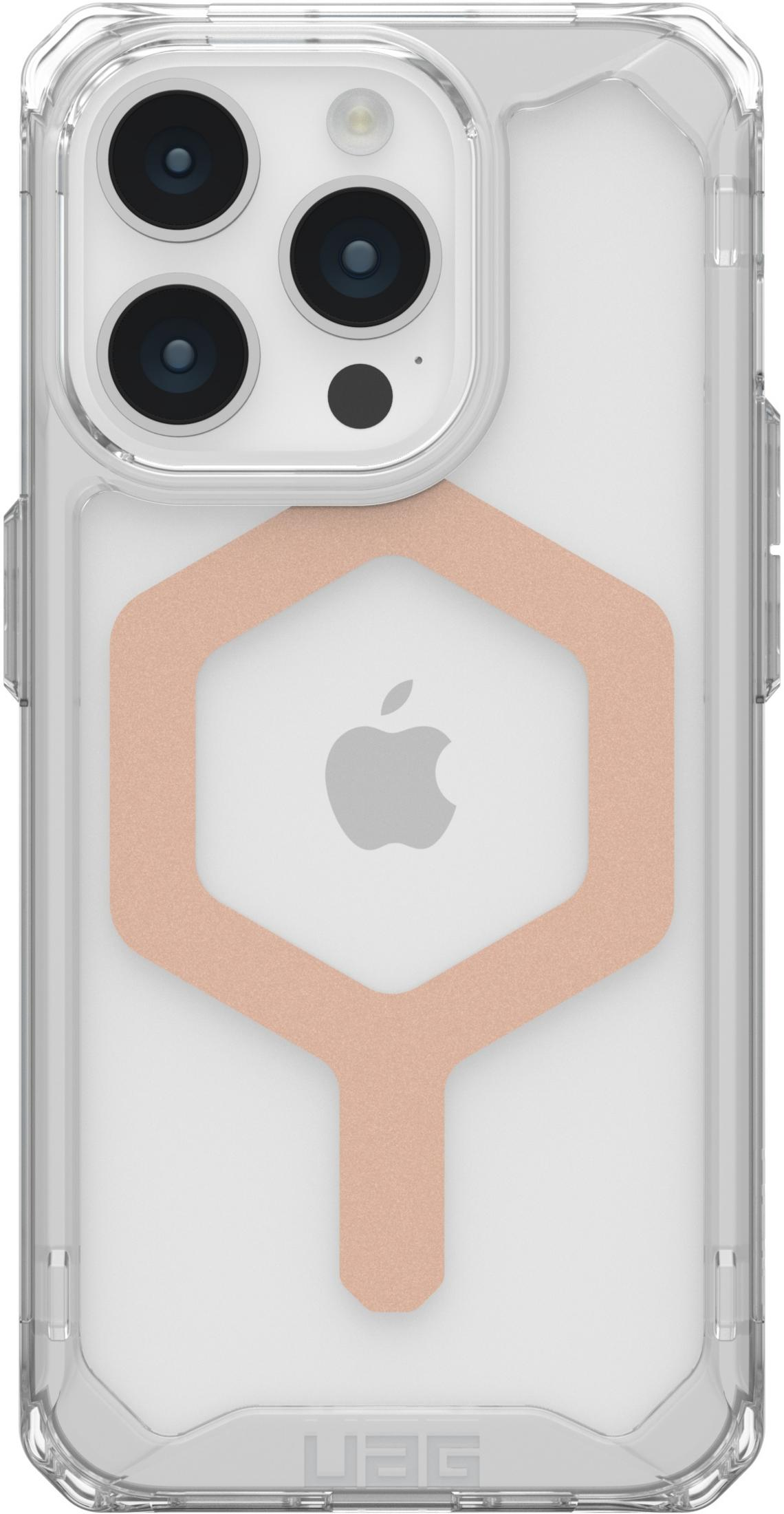 Custodia iPhone trasparente con esagono oro rosa attorno al logo Apple.