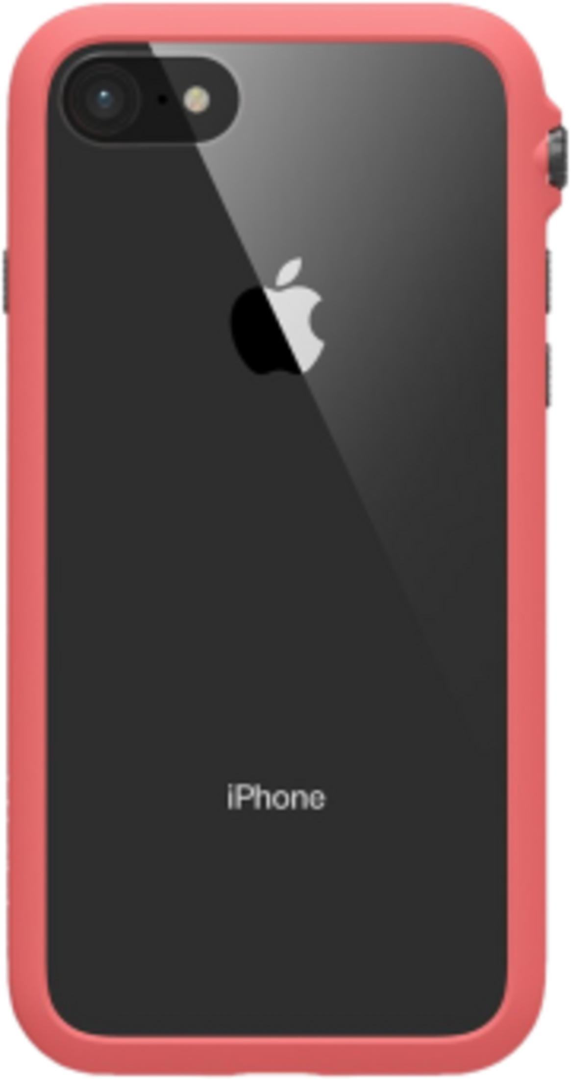 Rückseite eines roten iPhone-Schutzcovers mit Apple-Logo und iPhone-Schriftzug.