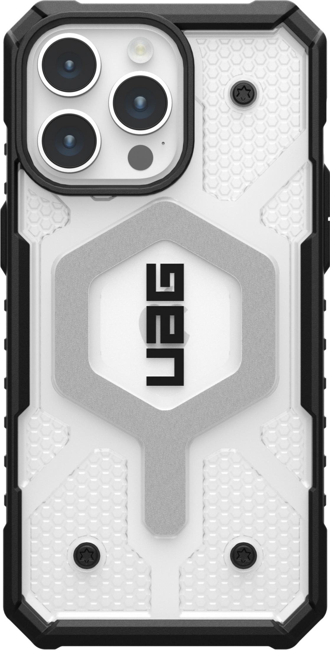 Custodia per telefono bianca e nera con tre fotocamere e logo UAG.