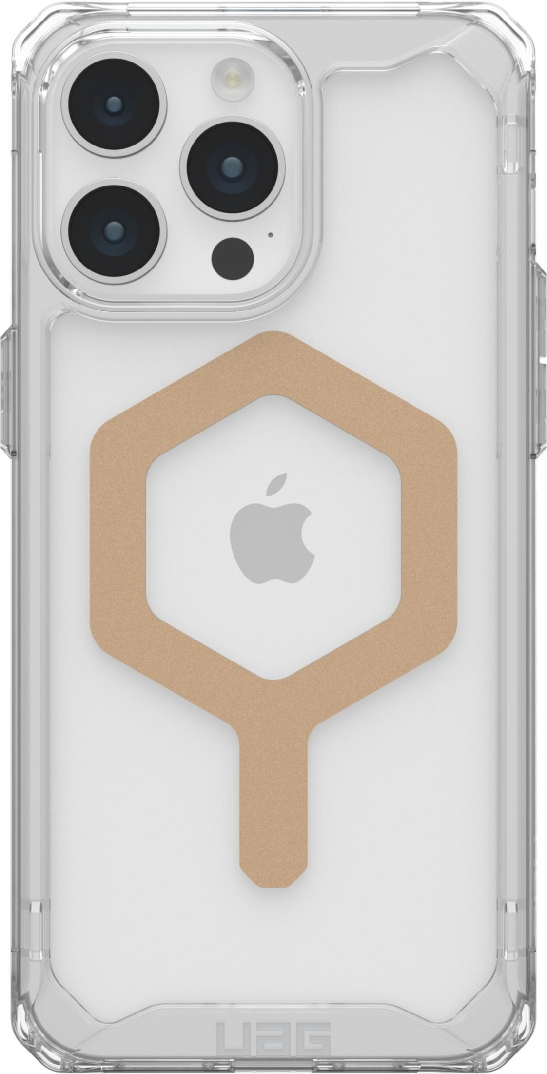 Transparente Handyhülle mit sechseckigem Muster und Apple-Logo.