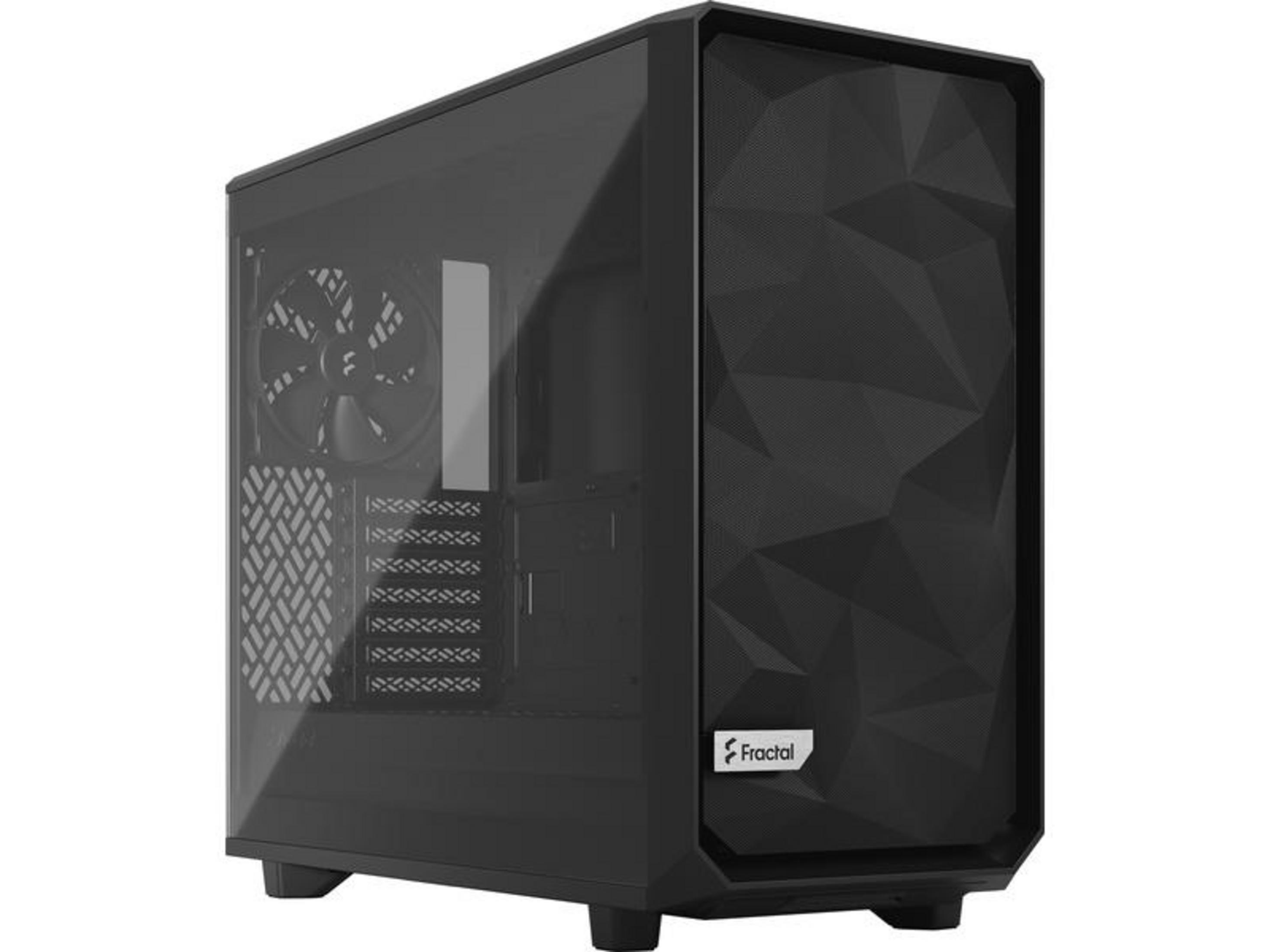 Case PC Fractal Design nero con pannello laterale in vetro e frontale geometrico.