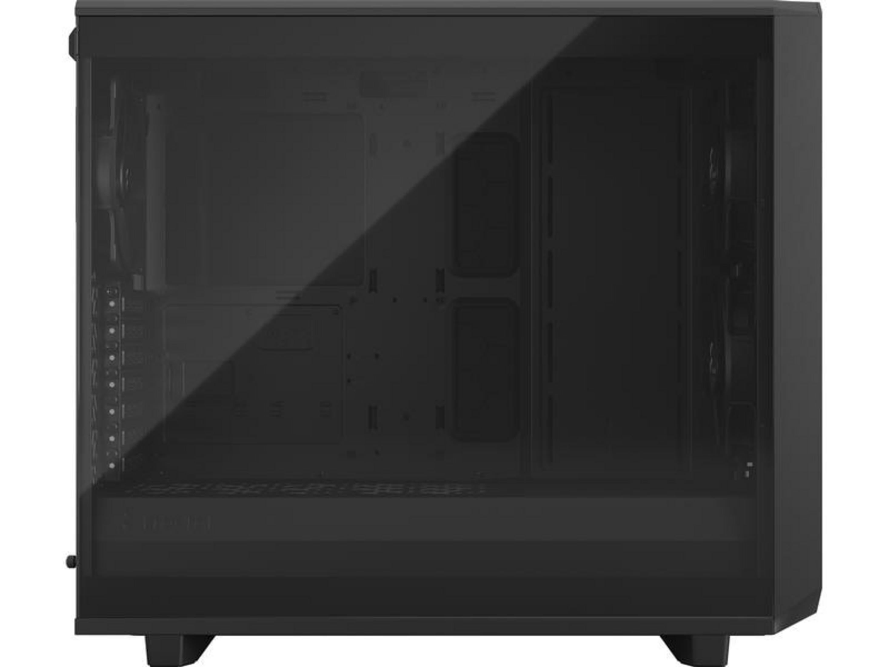 Un case per computer nero con frontale in vetro e ventole.